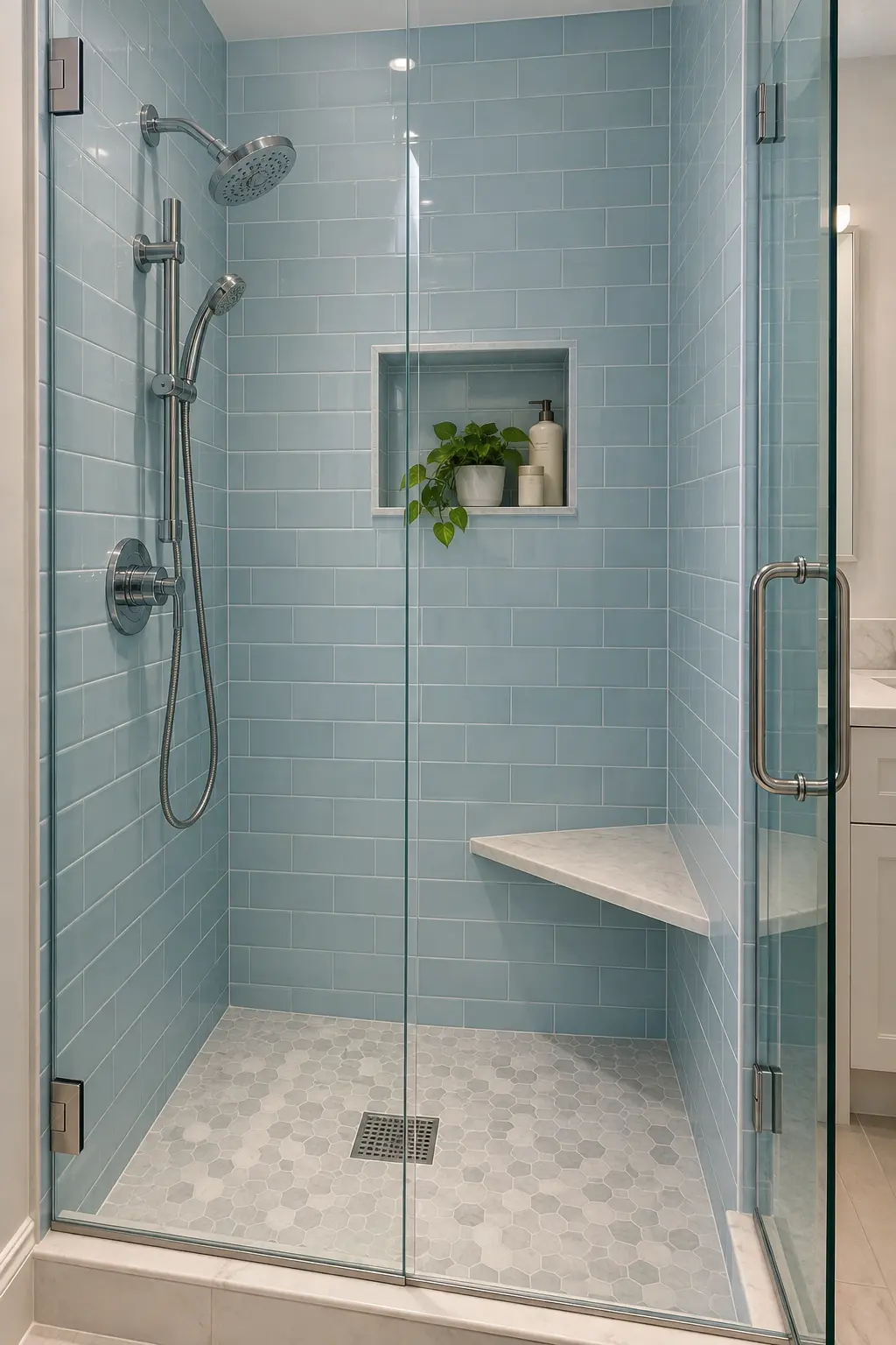Compact shower with a small floating corner seat