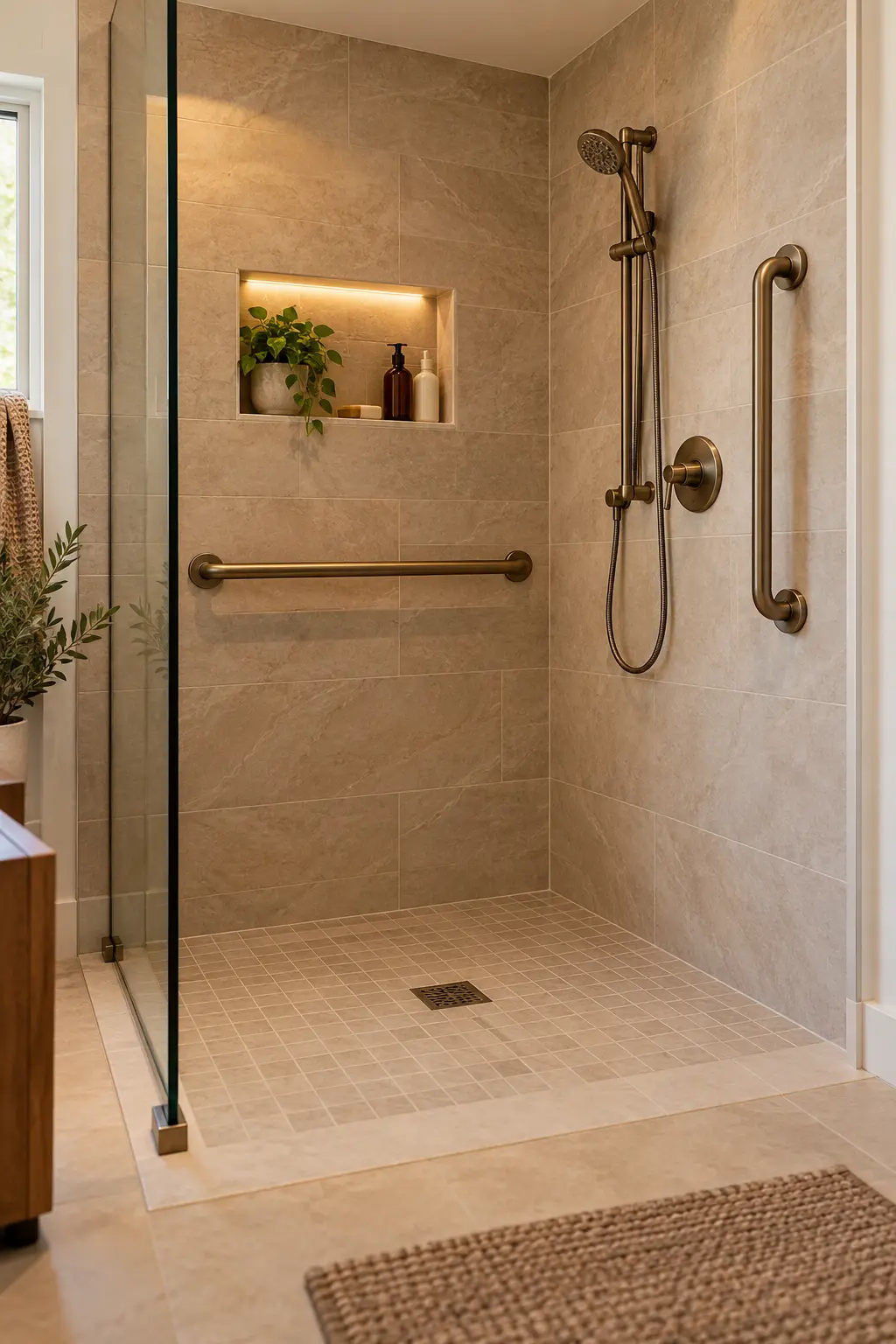 Accessible shower with integrated grab bars in a warm metal finish