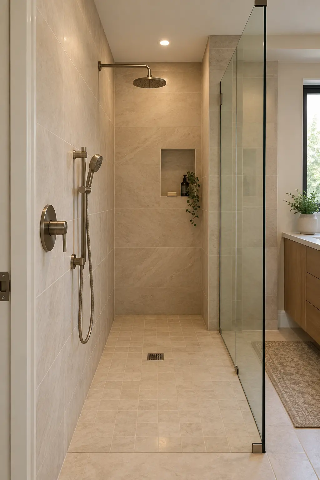 Walk-in shower with controls near the entrance and showerhead farther inside