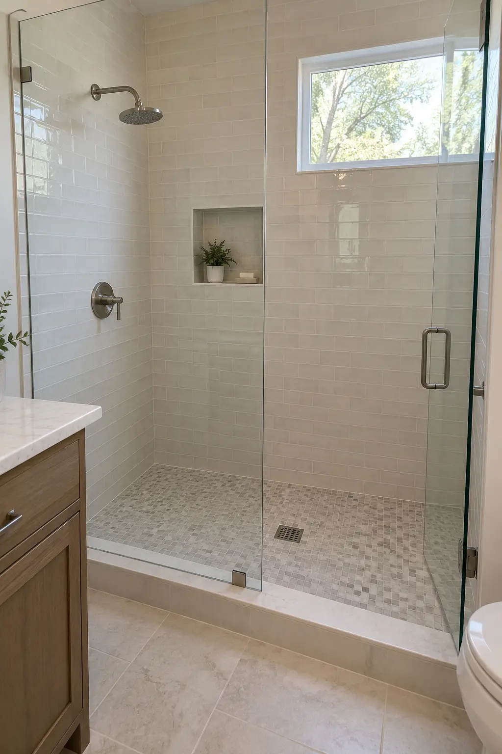 Shower with a low curb and clear wide entrance