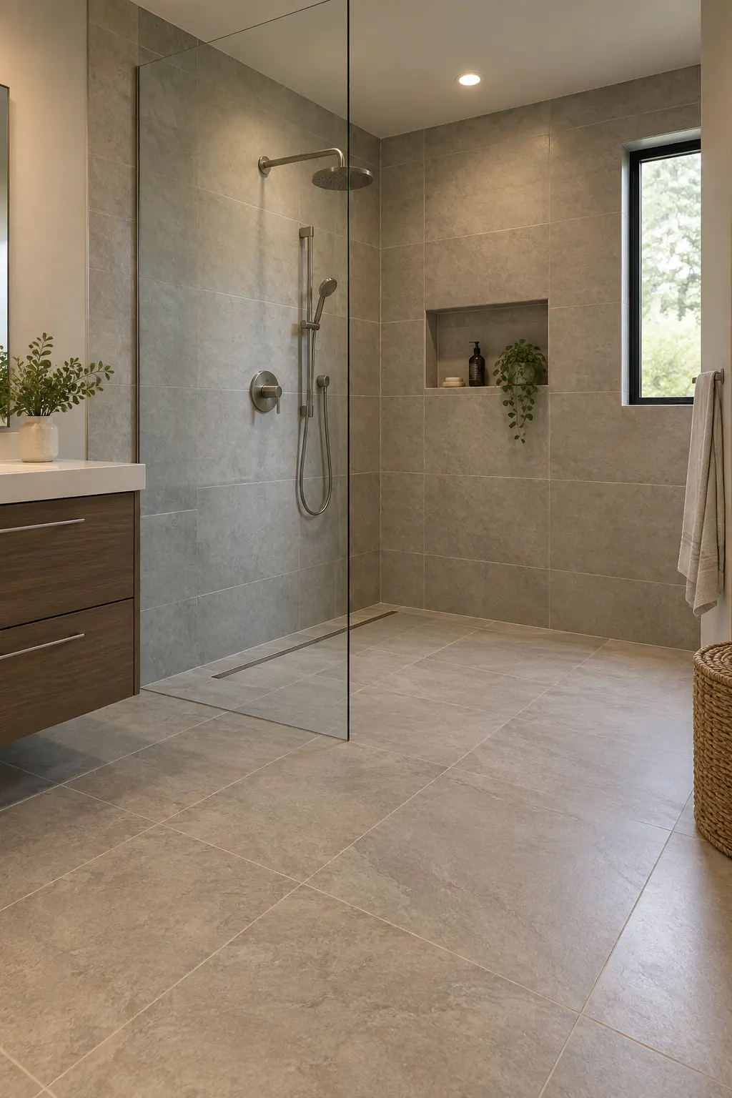 Curbless shower with continuous bathroom floor and fixed glass screen