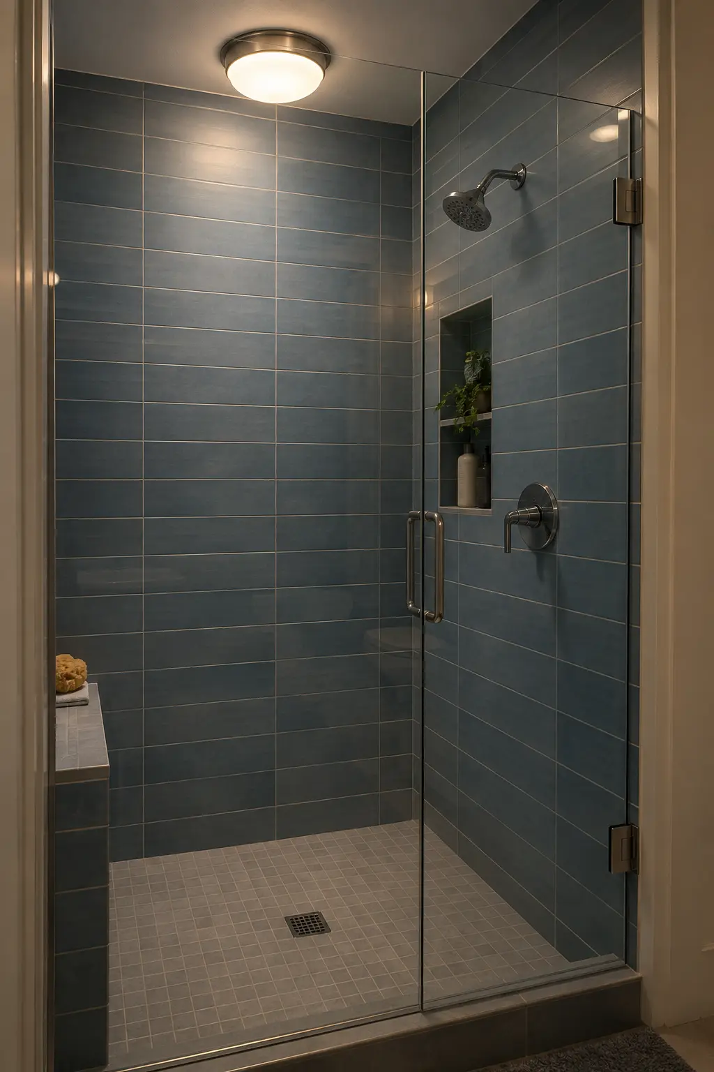 Enclosed shower with a simple ceiling light illuminating the wet area