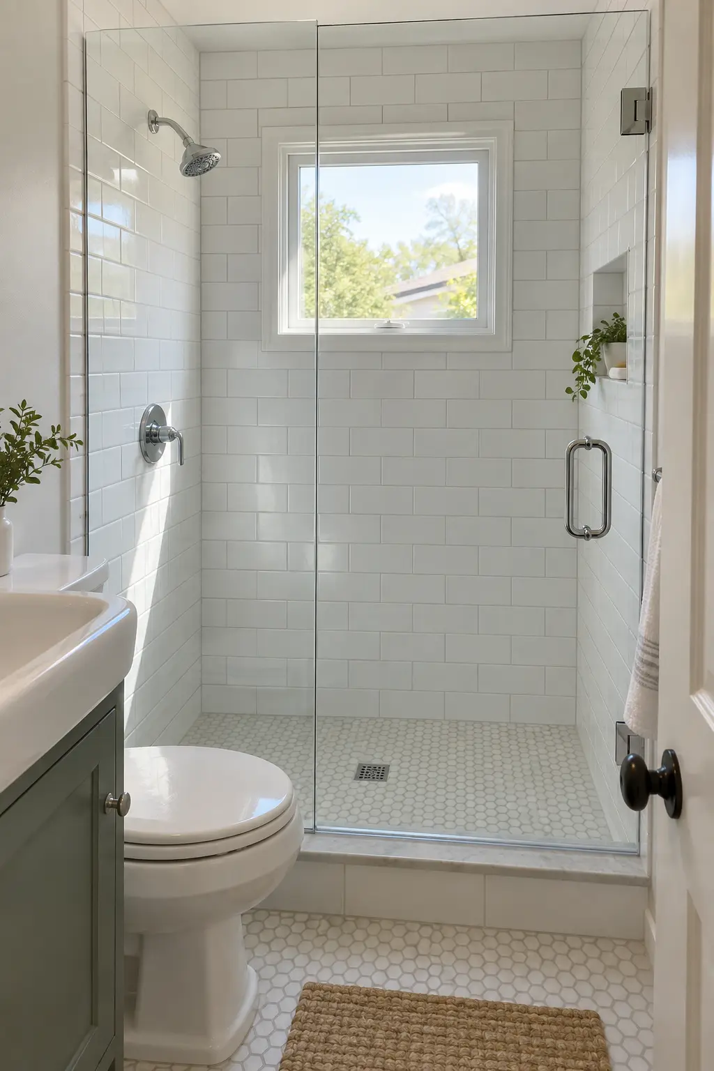 Bright practical shower with simple chrome fixtures and white tile