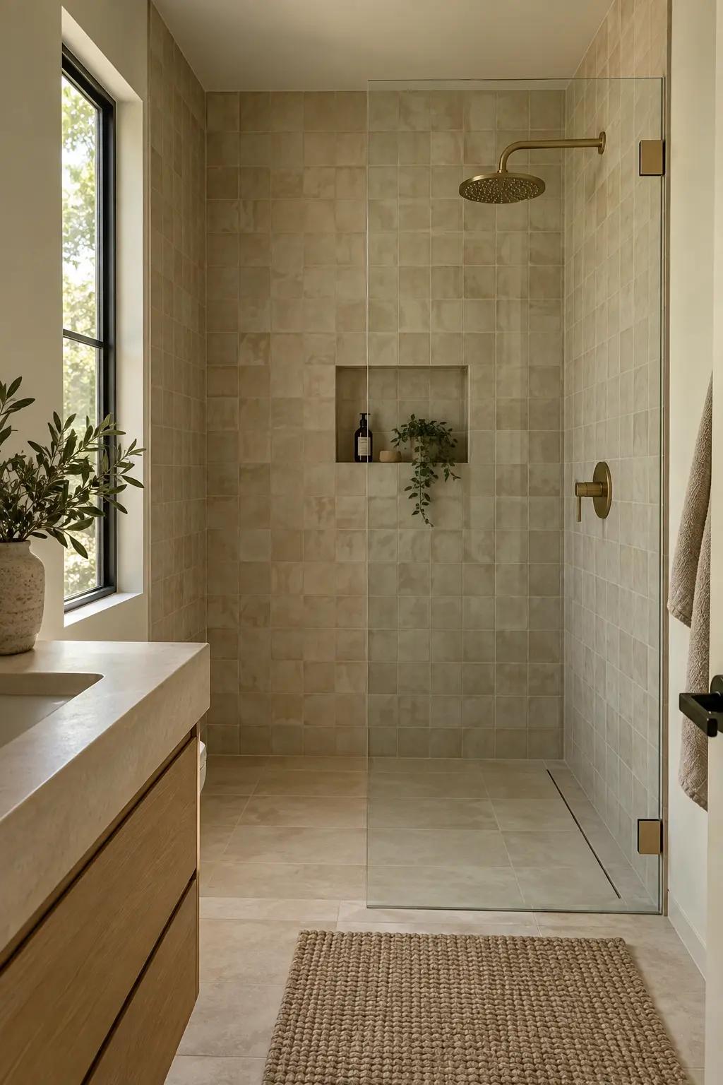 Warm neutral shower with restrained brushed brass fixtures