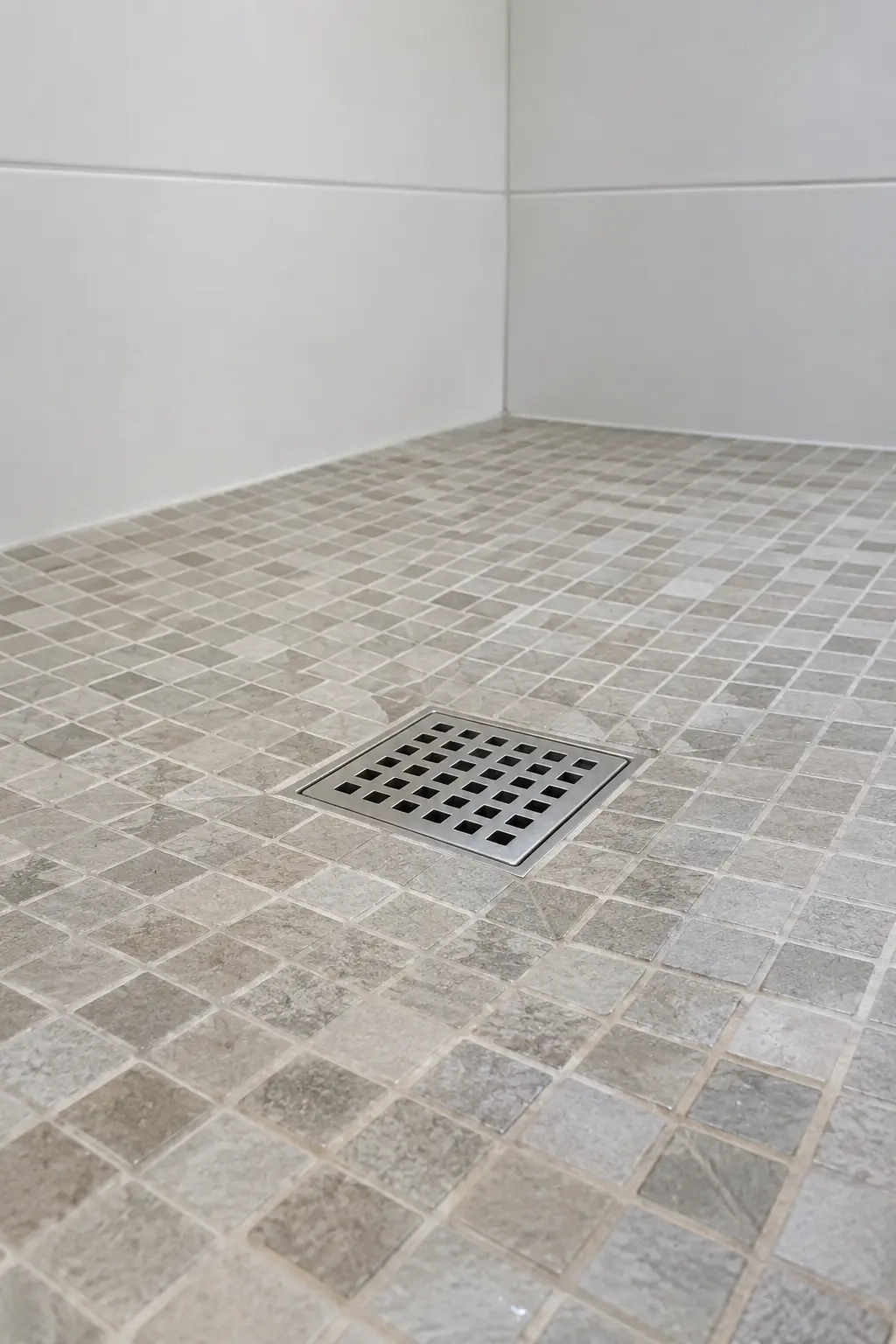 Shower floor with a simple accessible drain and neatly sloped mosaic tile