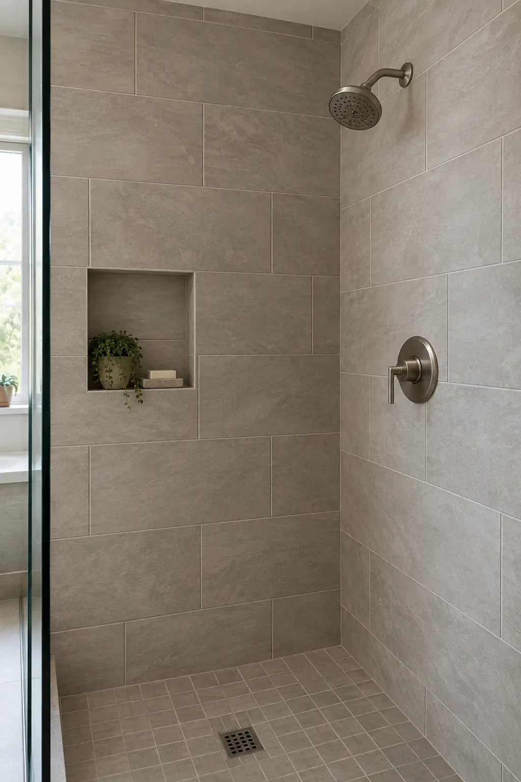 Shower with medium-tone grout that coordinates with warm gray tile
