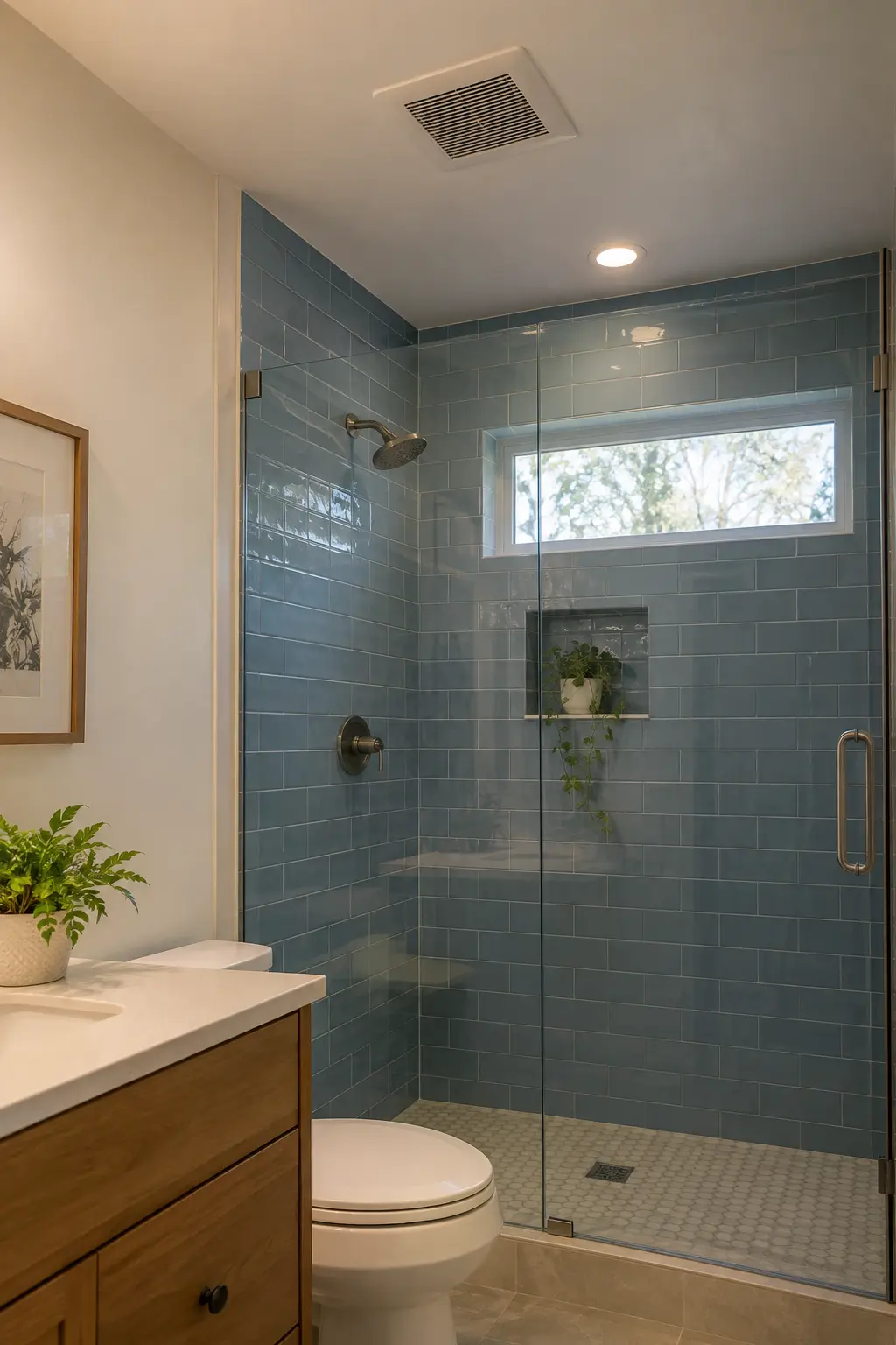 Remodeled bathroom with a discreet ceiling exhaust fan outside the shower