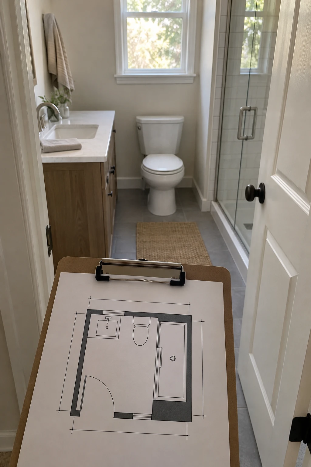 Renovated five-by-eight bathroom with a shallow vanity, compact toilet, glass shower and clear center aisle