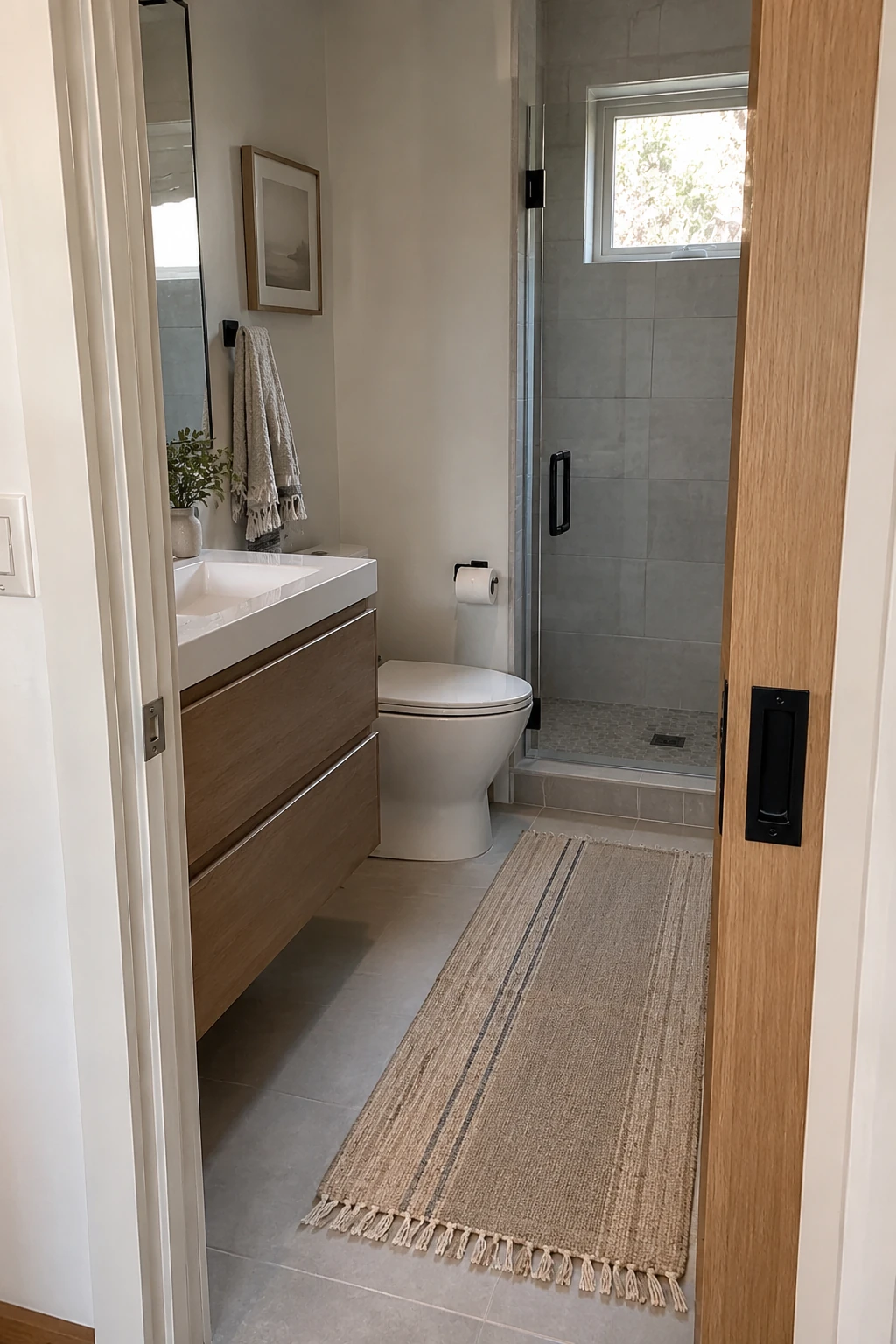 Small renovated bathroom entered through an open pocket door with no floor area lost to a door swing