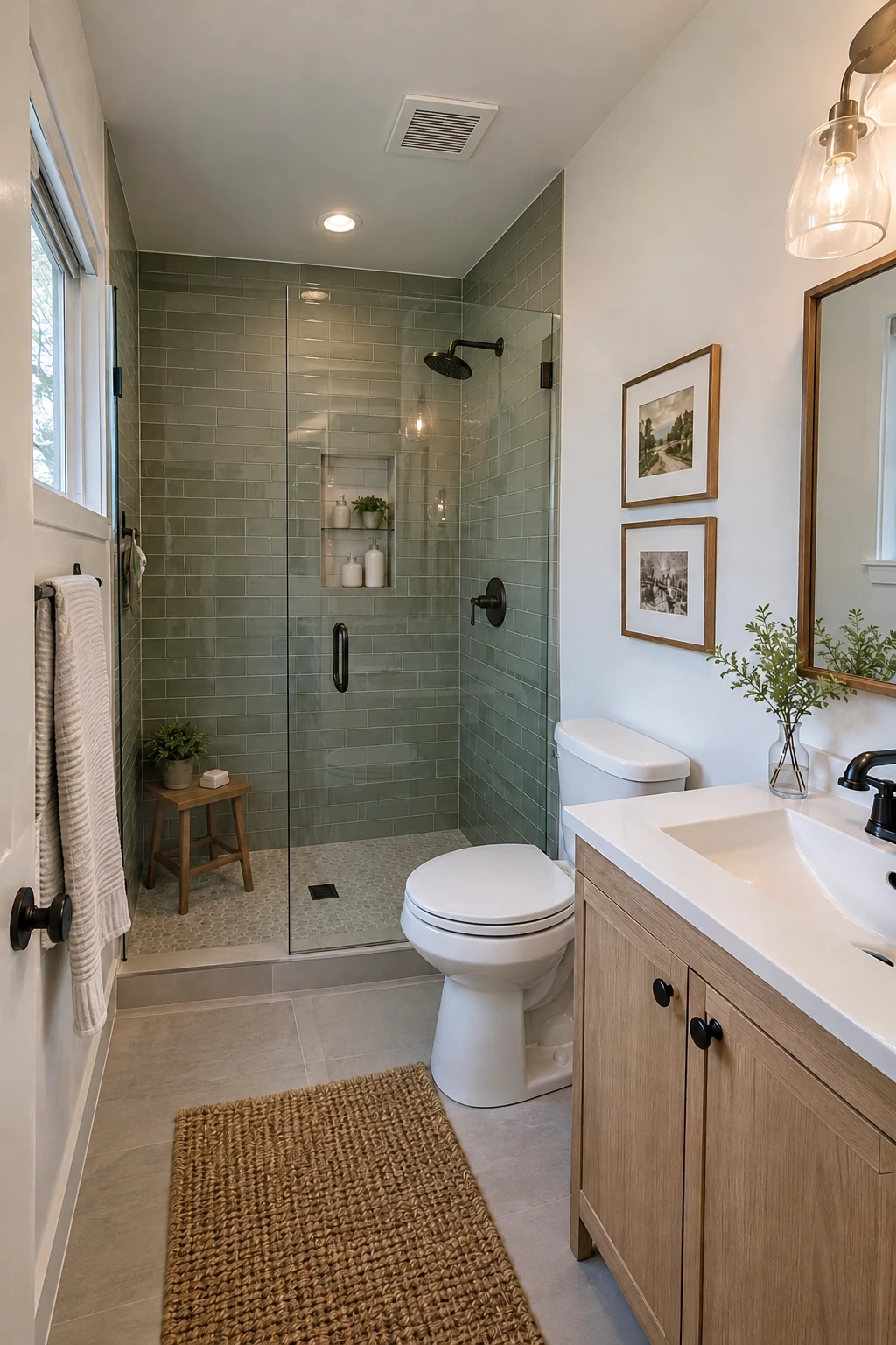Compact bathroom with vanity, toilet and shower controls aligned along one plumbing wall