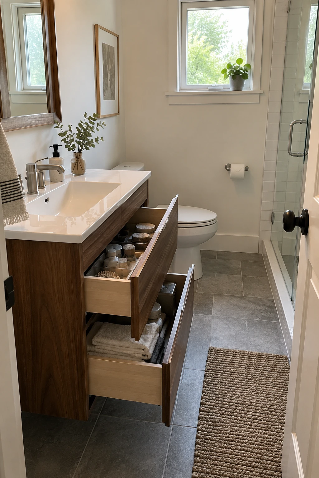 Small bathroom with a slim wall-to-wall vanity and organized full-extension drawers