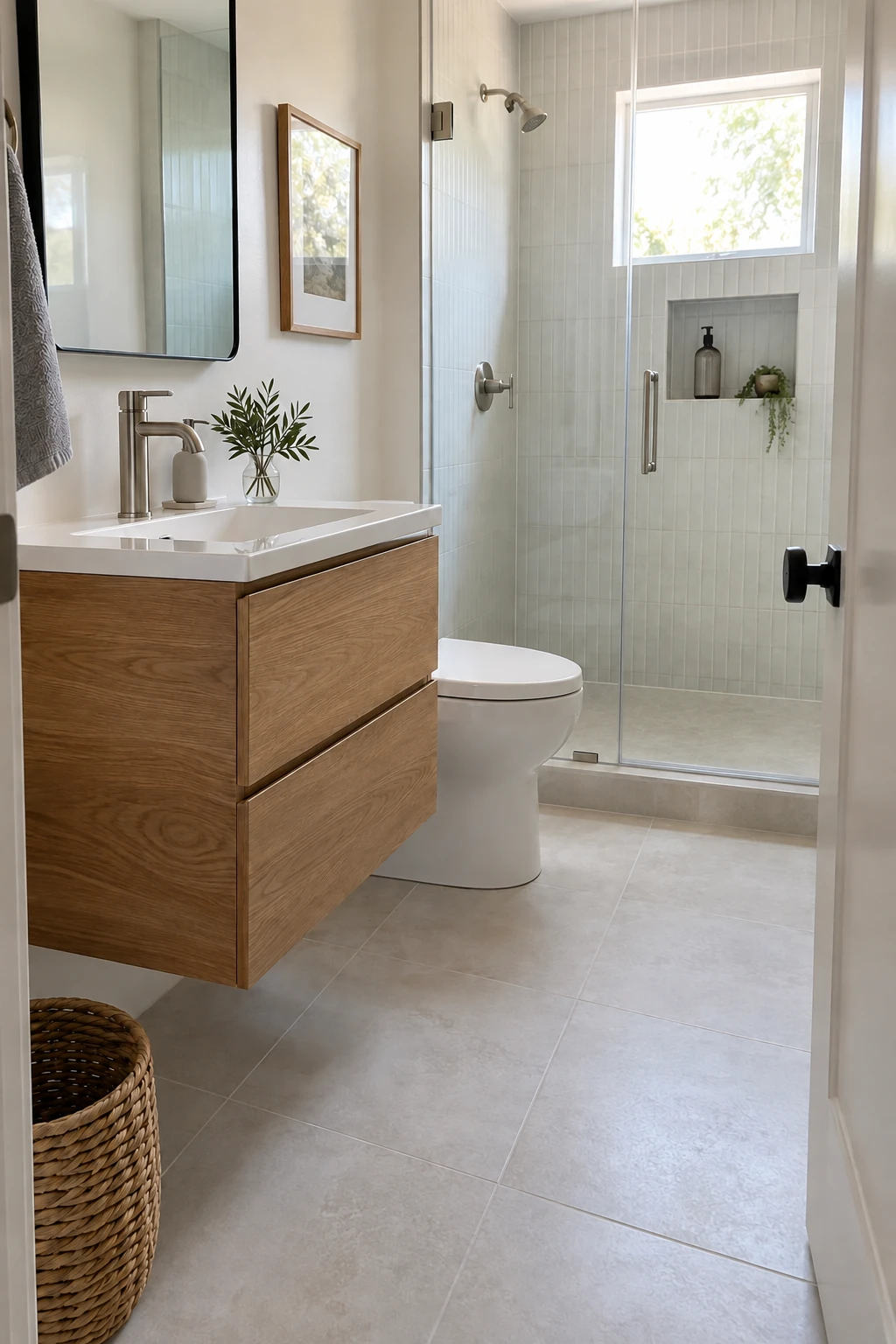 Renovated small bathroom with a floating oak vanity and uninterrupted floor beneath