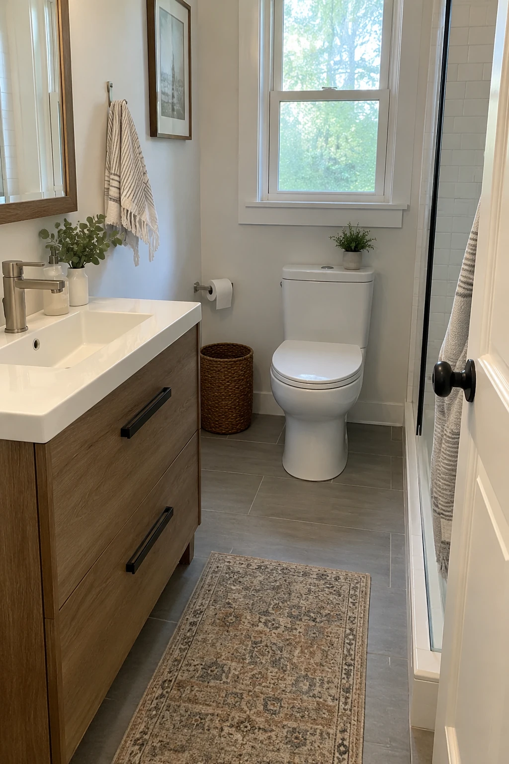Narrow bathroom with a compact elongated toilet that leaves a generous passage