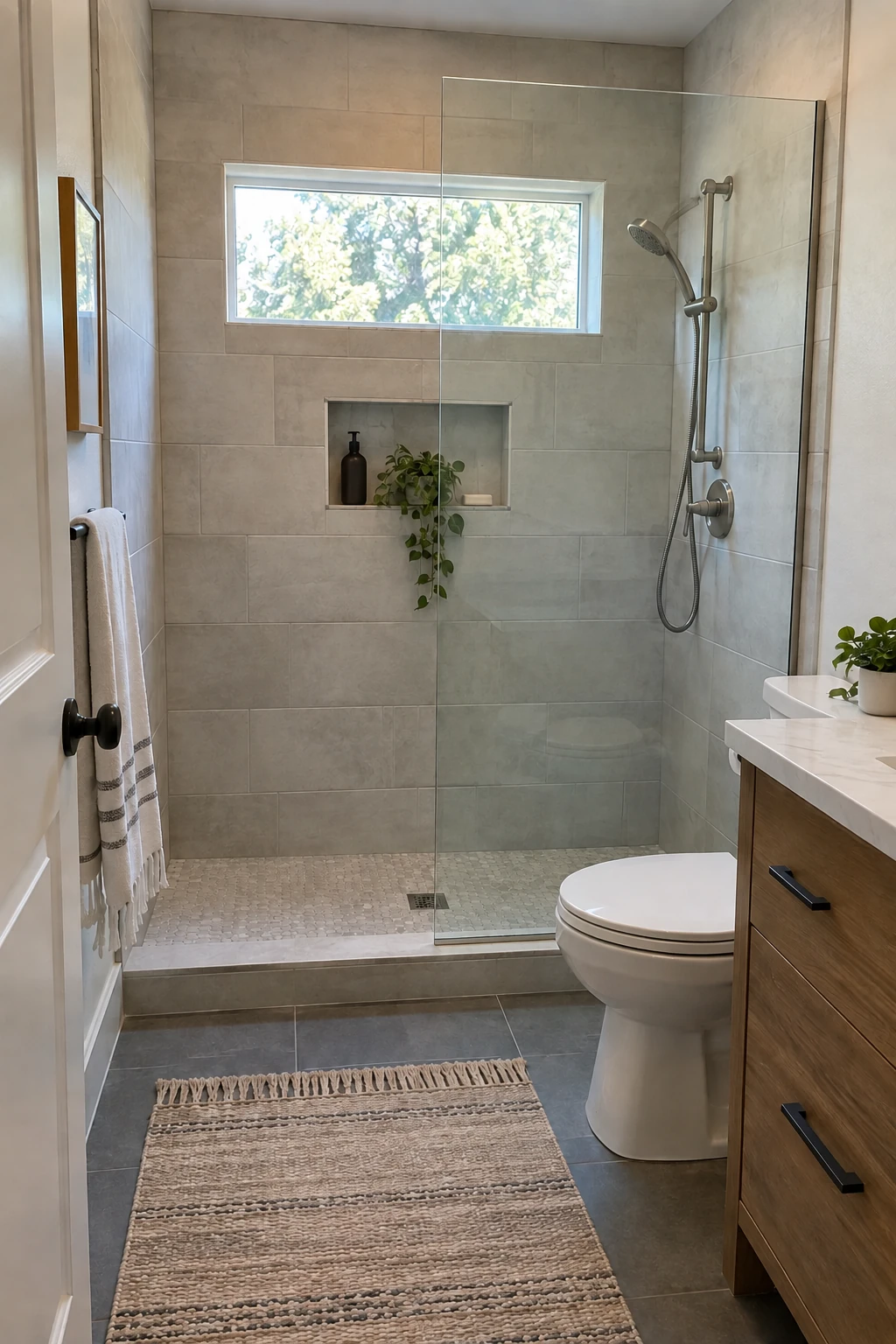 Small bathroom with a spacious tiled shower fitted into a former tub alcove