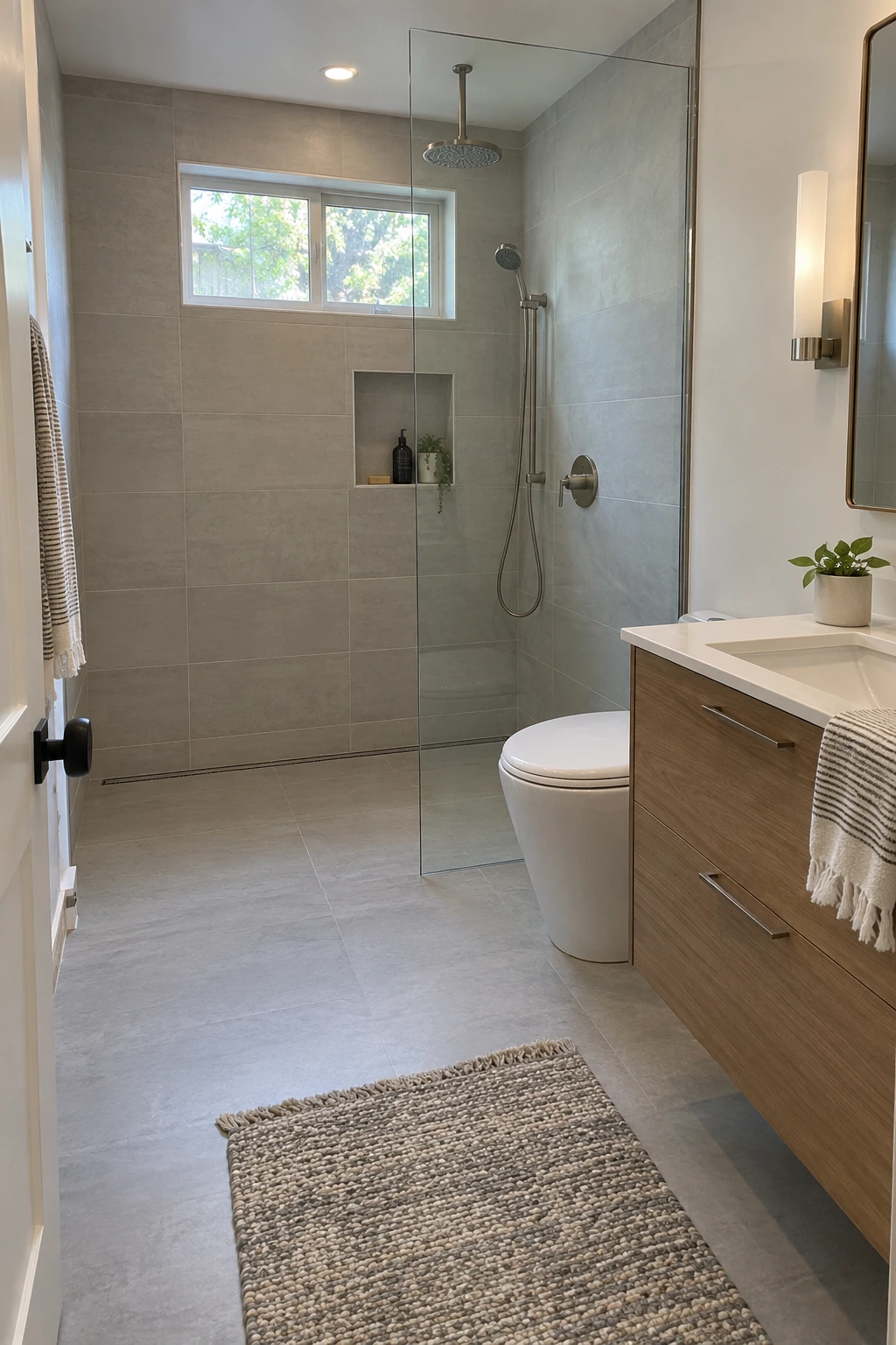 Small bathroom with a curbless shower and continuous slip-resistant floor tile