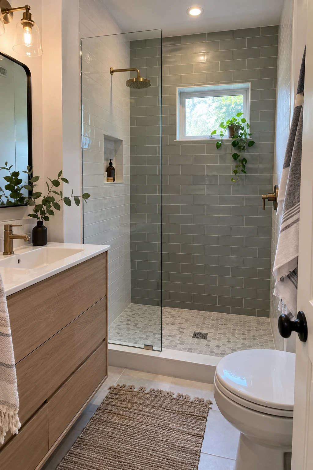 Compact shower separated from the vanity by one clear fixed glass panel