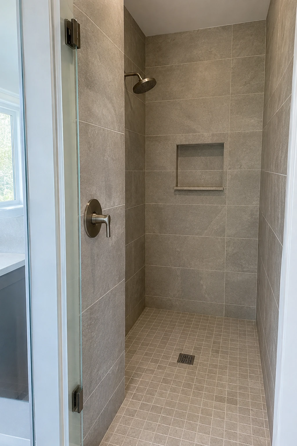 Walk-in shower with controls beside the entrance and shower head farther inside