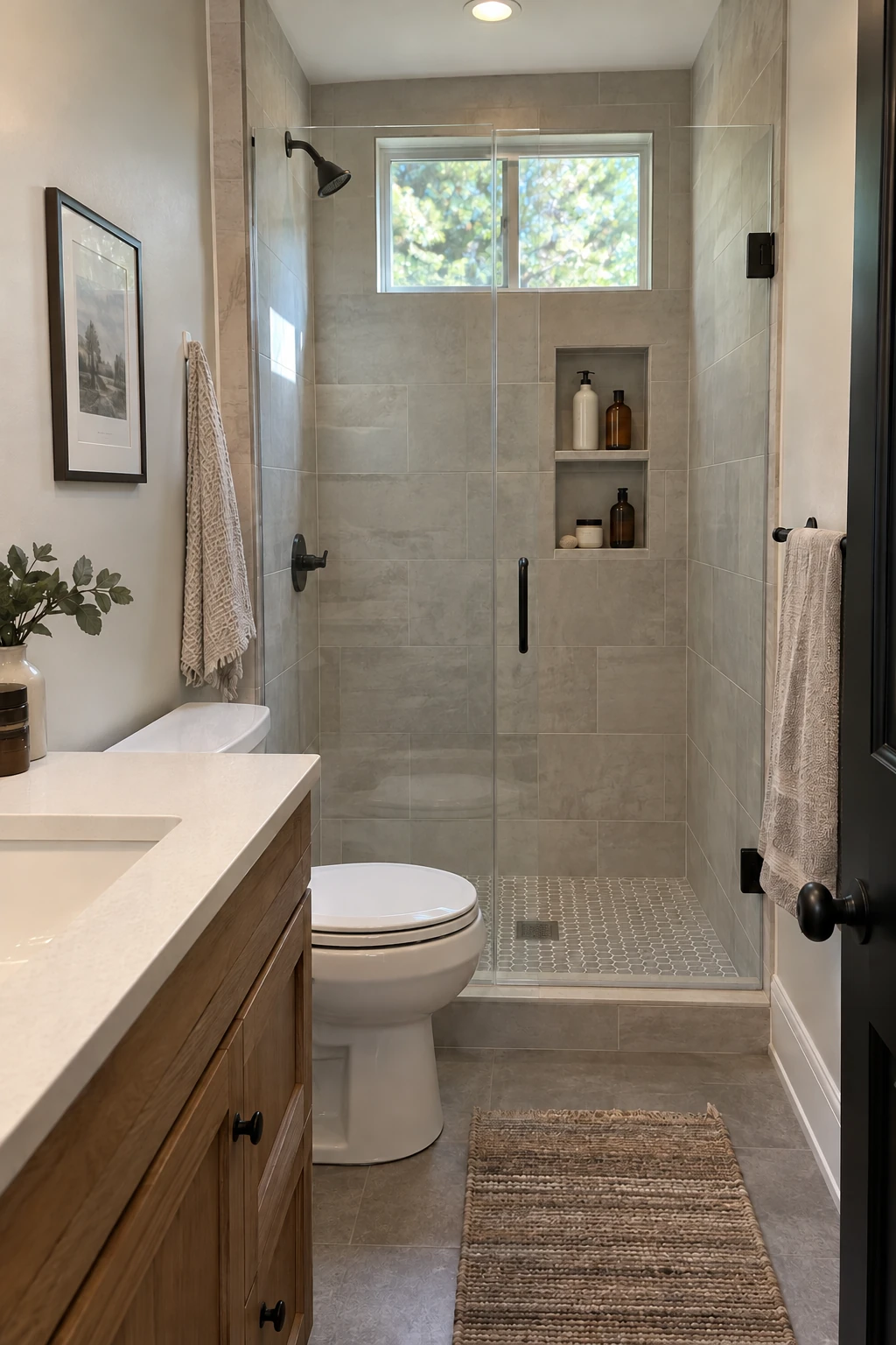 Small shower with a recessed niche sized for tall bottles and aligned to tile joints