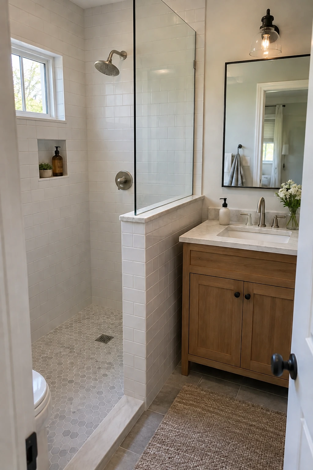 Small bathroom with a tiled half wall and glass panel shielding the vanity from shower spray