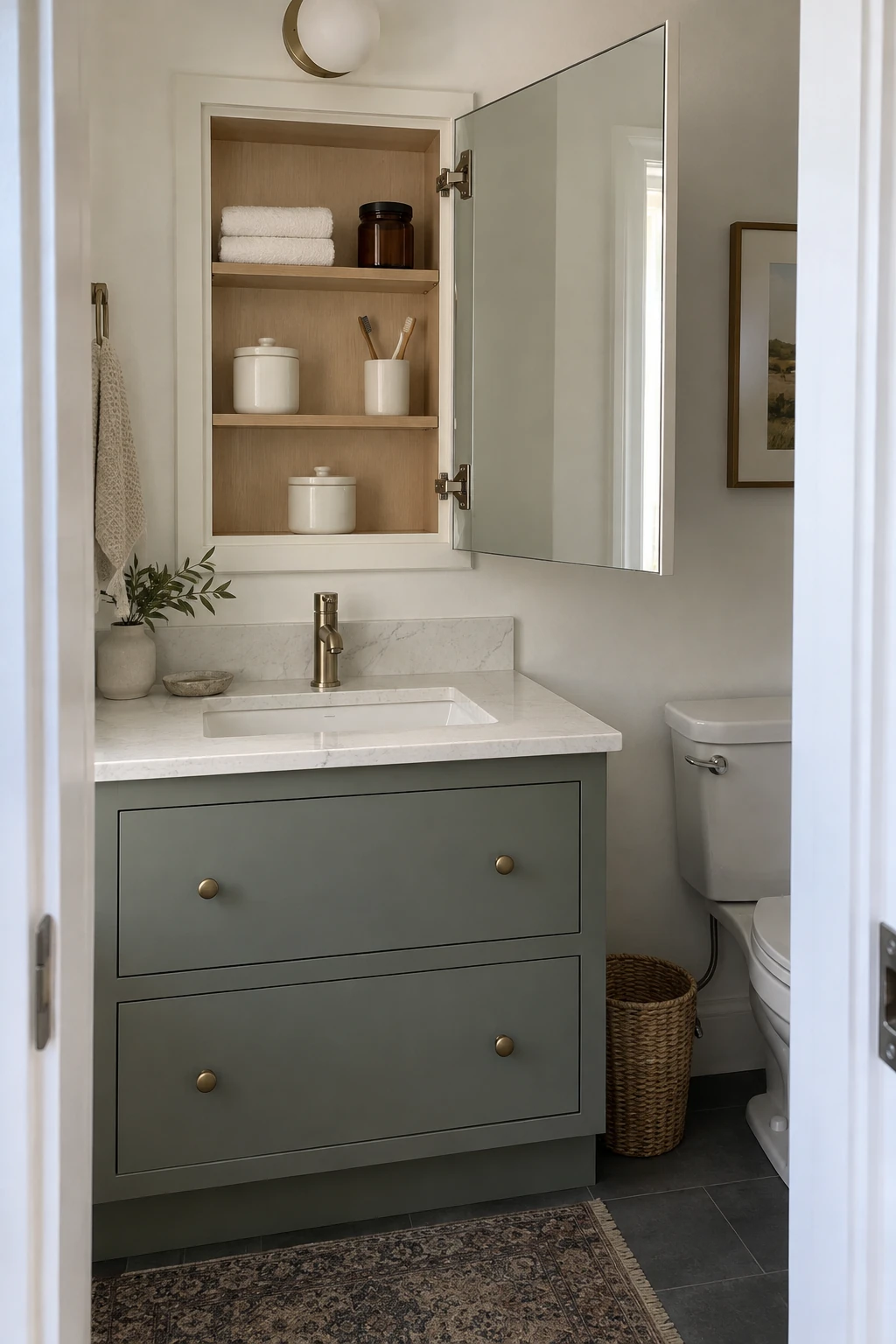 Small vanity wall with a recessed mirrored medicine cabinet and shallow organized shelves