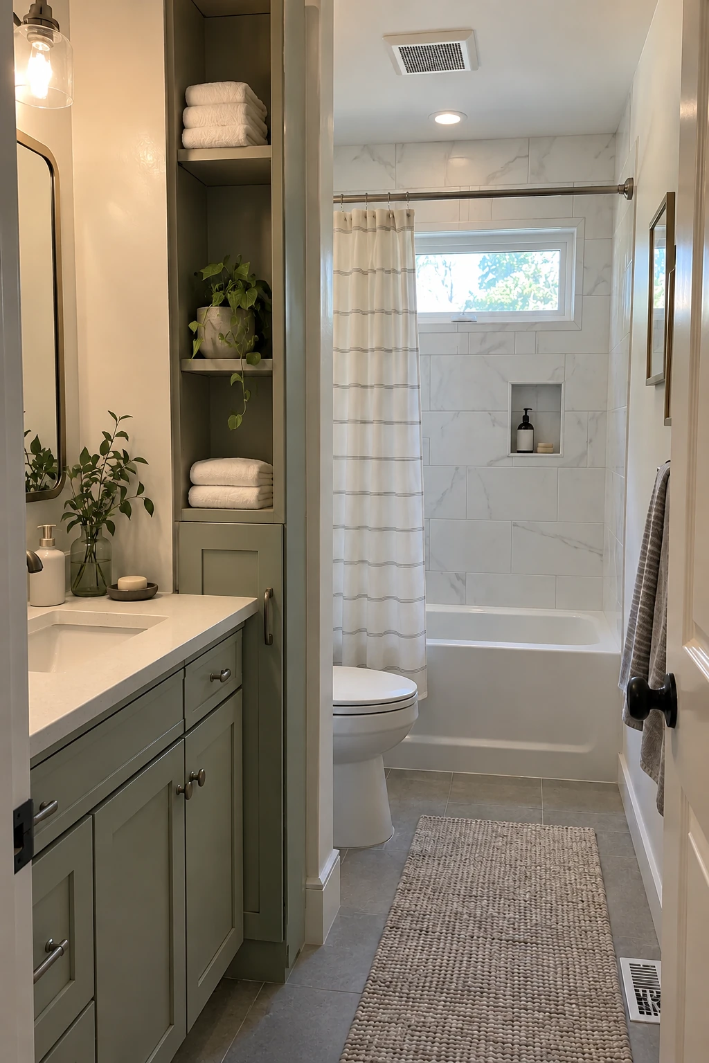 Narrow bathroom with a slim floor-to-ceiling linen tower beside the vanity