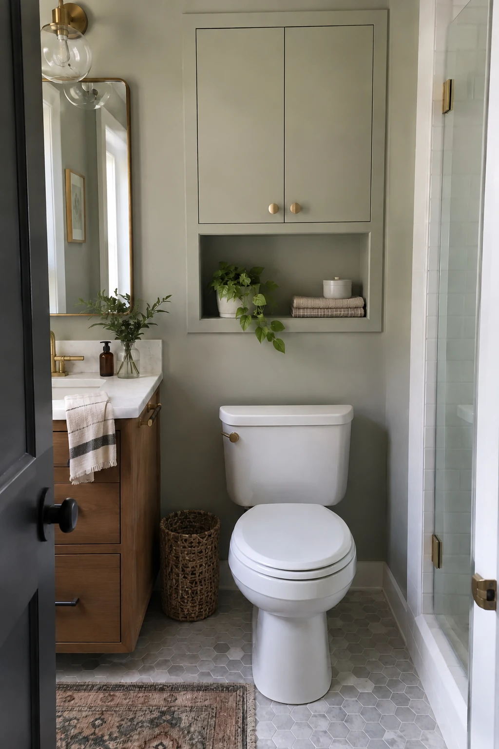 Small bathroom with a neat recessed cabinet above the toilet