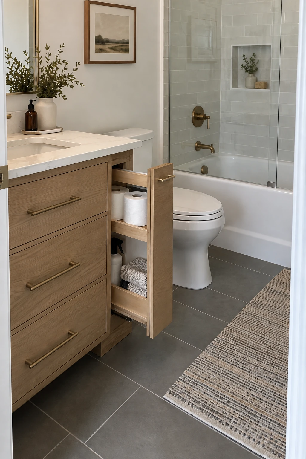 Small bathroom vanity with a slim pullout cabinet open beside the sink