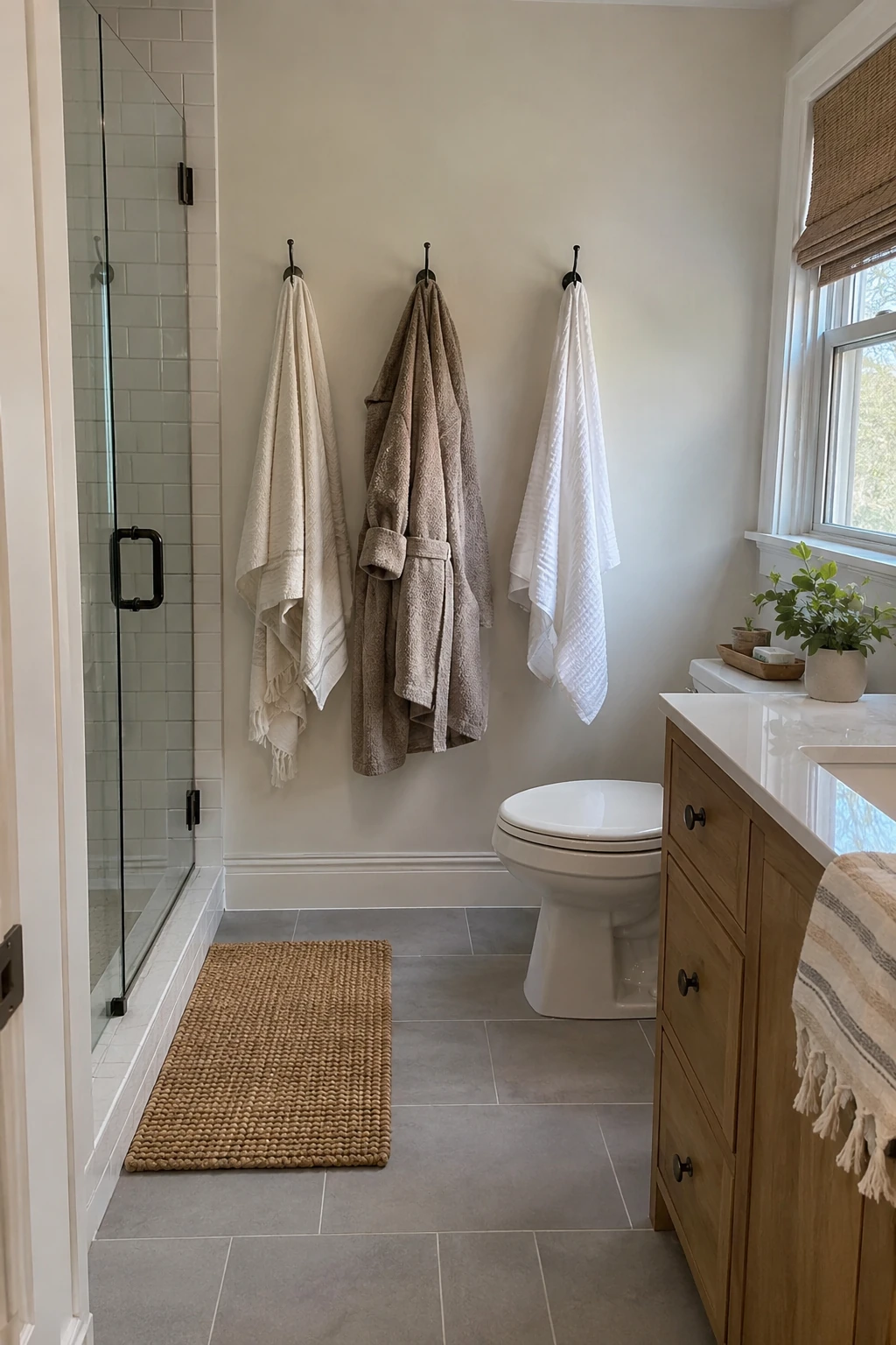 Compact bathroom with spaced towel hooks near the shower and clear of the door