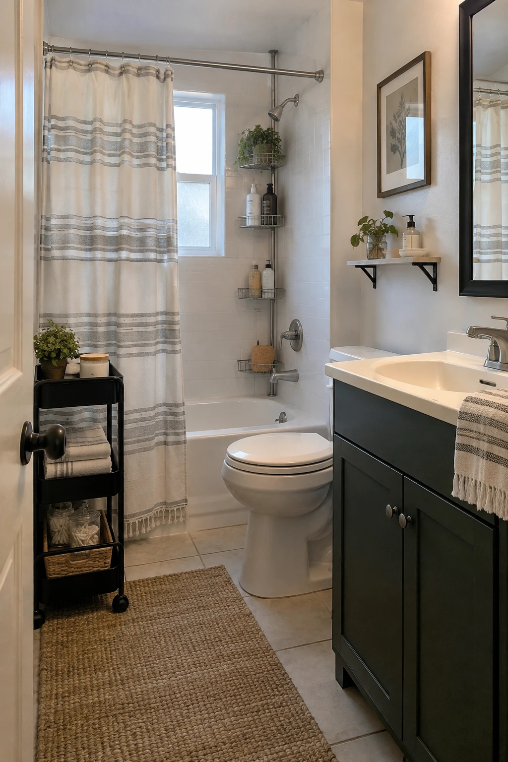 Rental bathroom refreshed with a slim rolling cart, tension shower caddy and removable mirror shelf