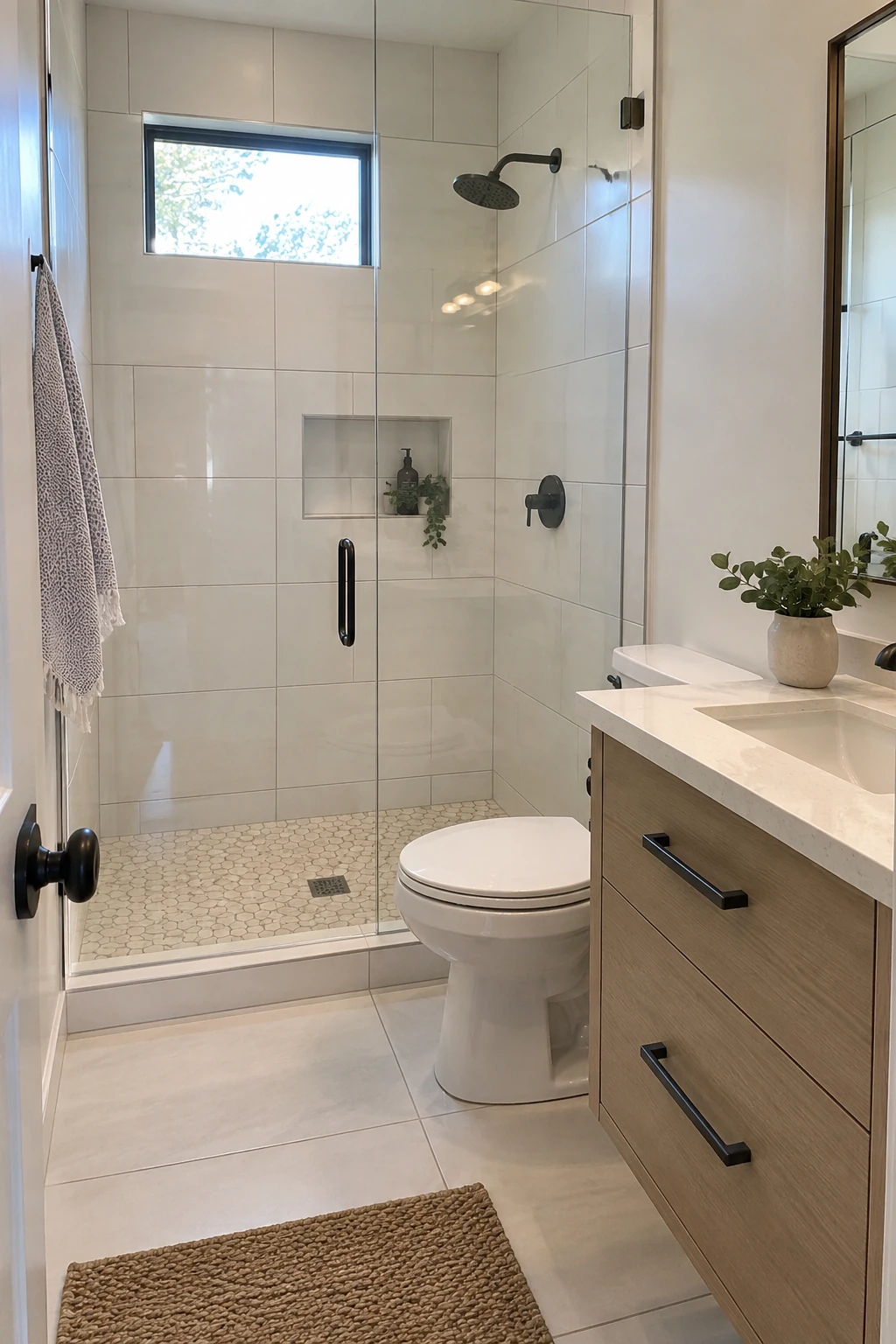 Small bathroom with large light wall tile and smaller slip-resistant shower floor tile