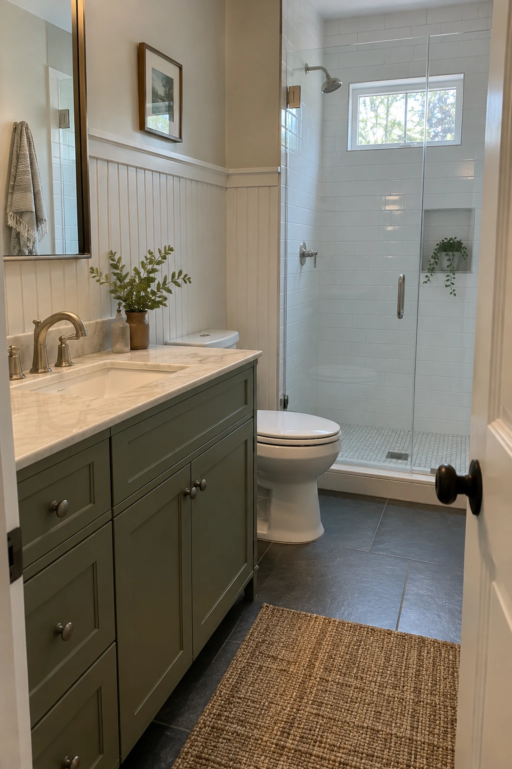 Small bathroom with tiled shower and moisture-resistant painted beadboard in the dry zone