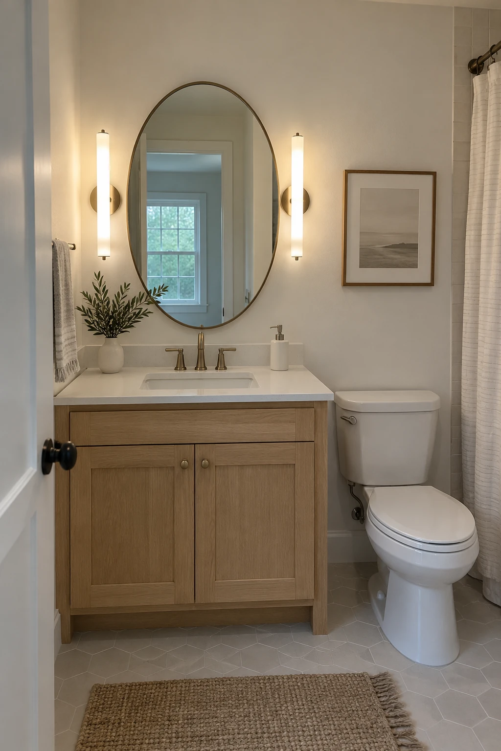 Small vanity with a mirror lit evenly by two slim side sconces