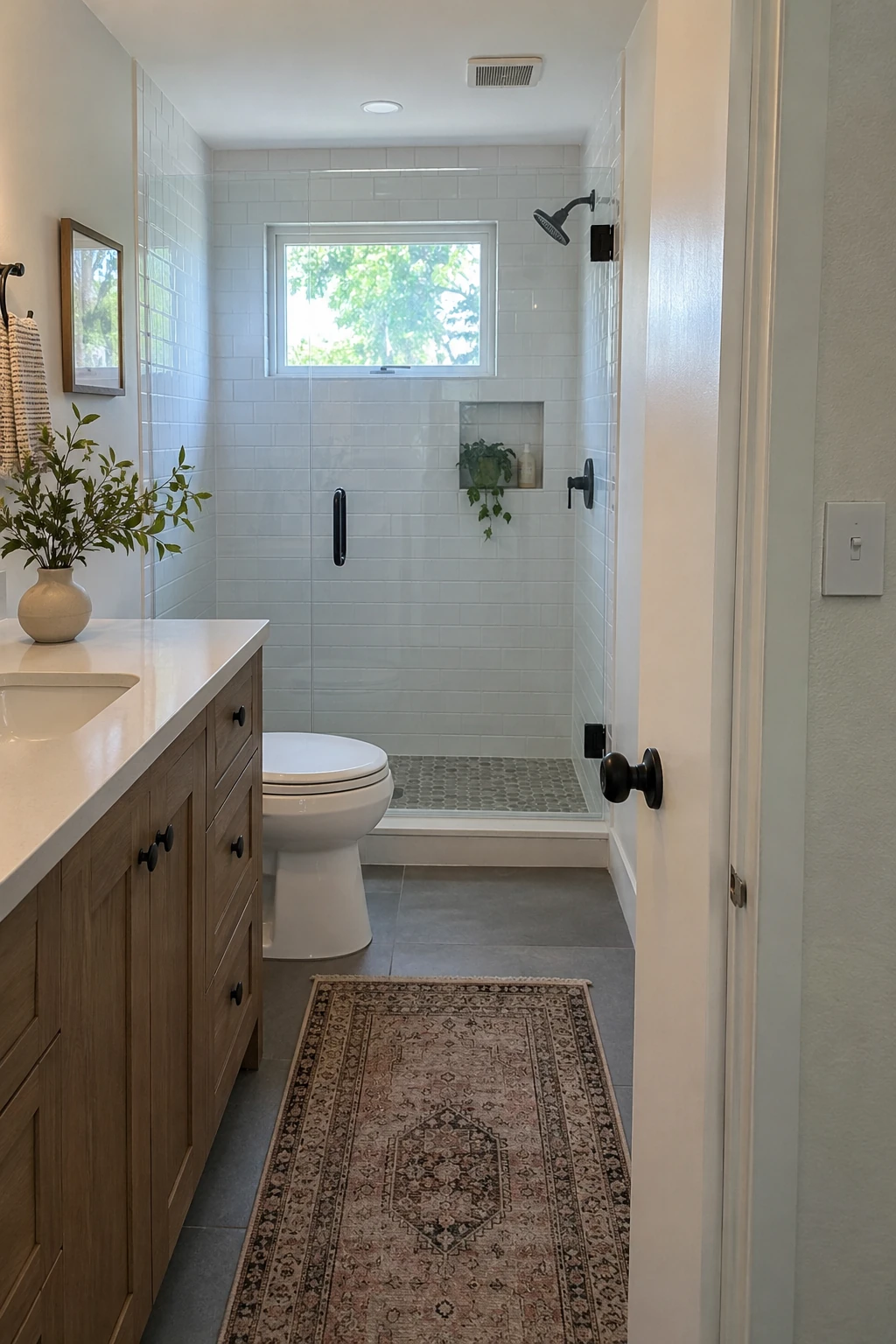 Small bathroom with a low-profile ceiling exhaust fan near the shower