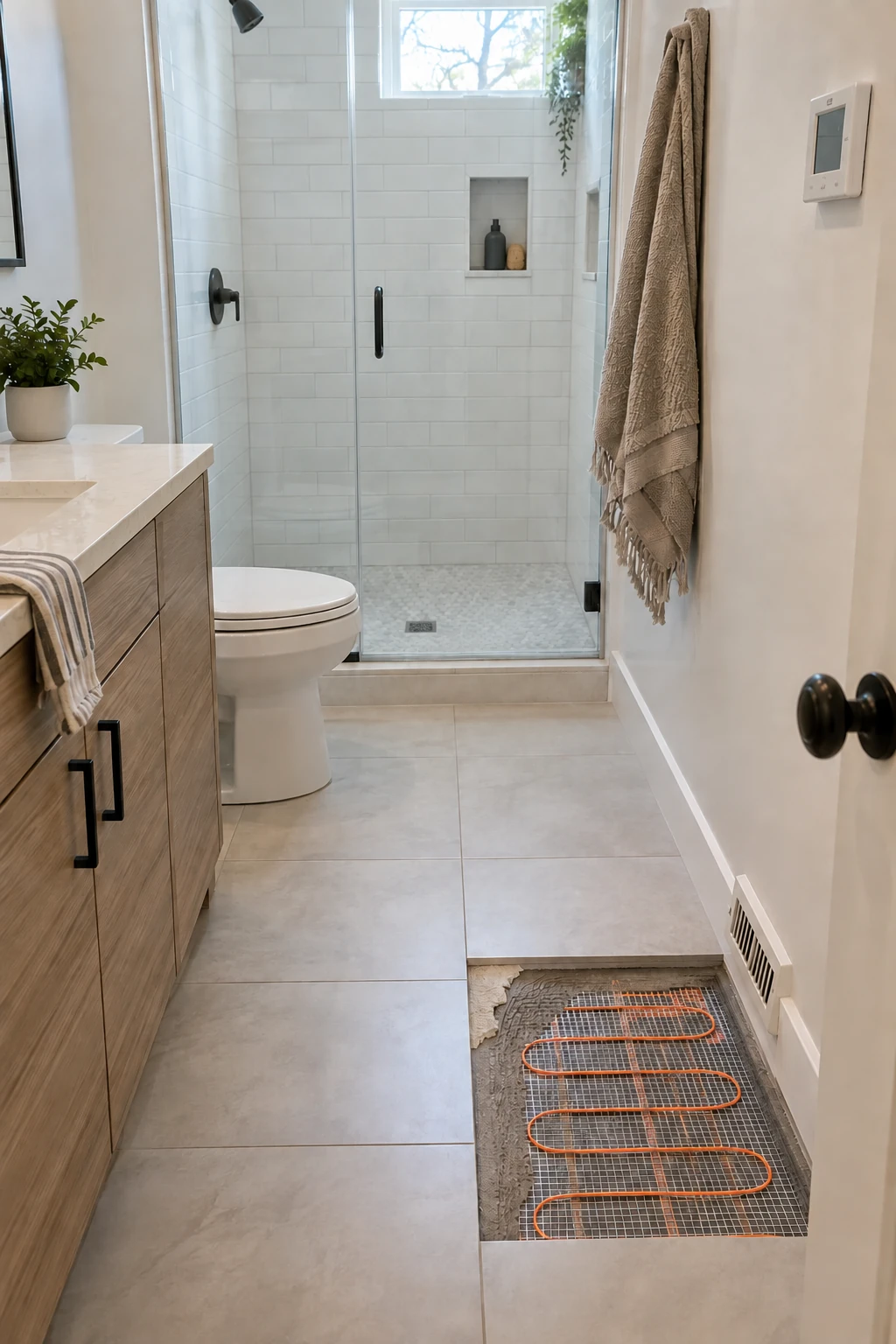 Small tiled bathroom with a discreet thermostat for electric radiant floor heat