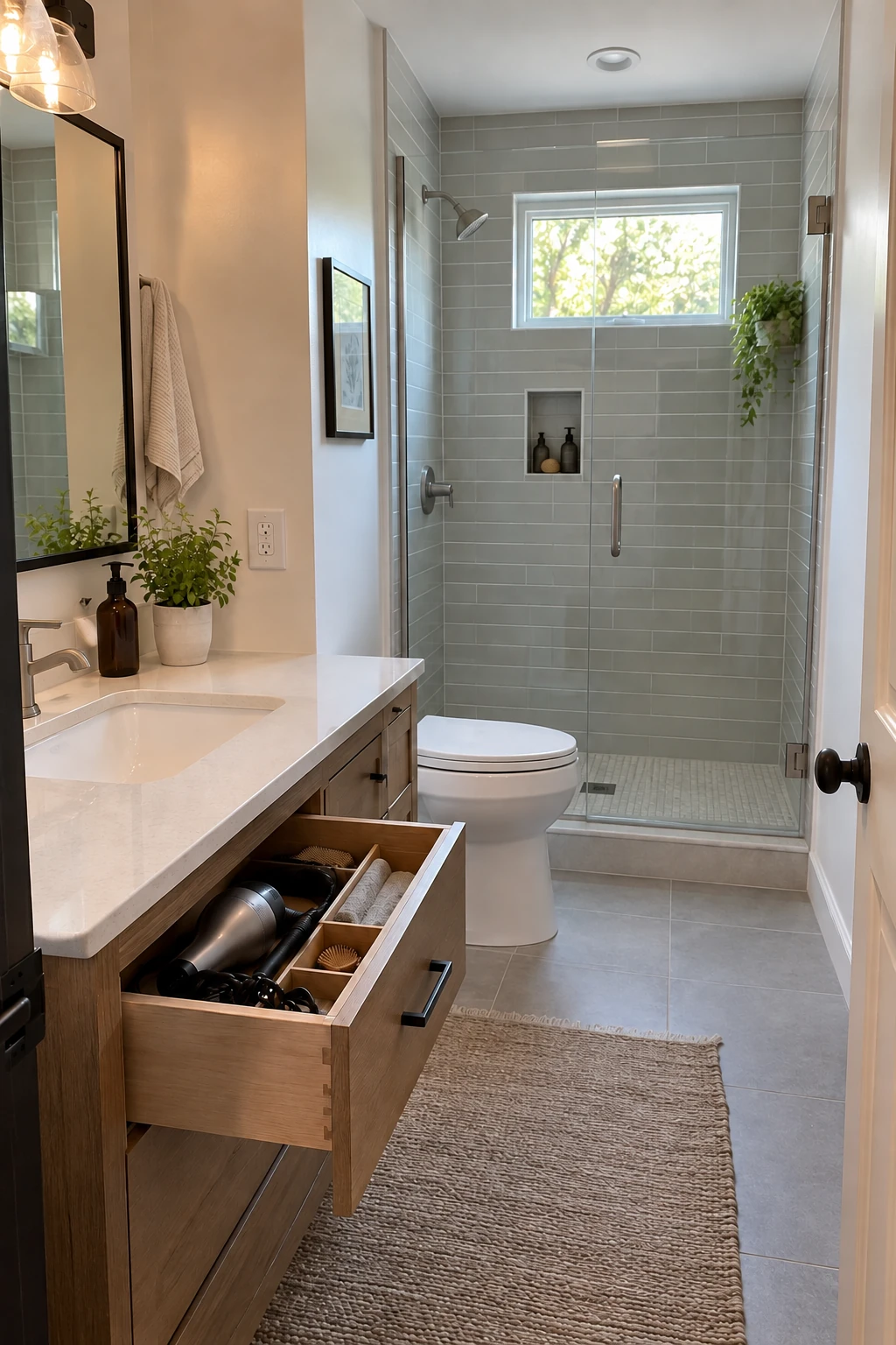 Small vanity with a protected receptacle and tidy hair-tool drawer outside wet areas