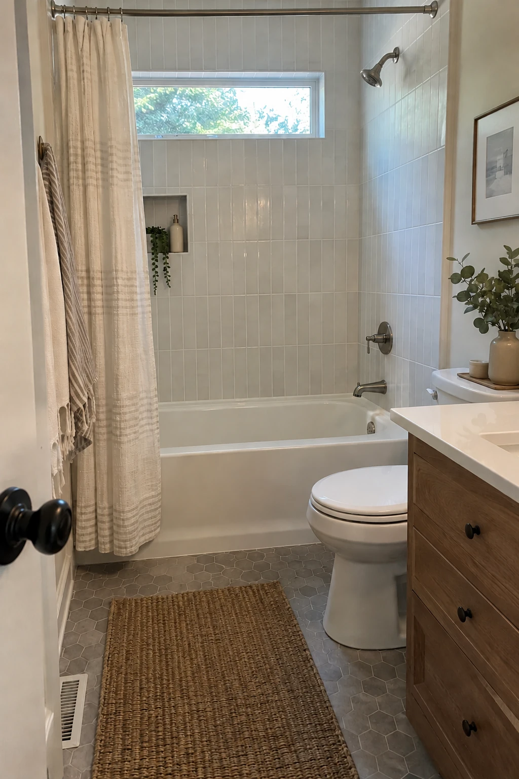 Small bathroom with a retained white alcove tub, new surround tile and updated fixtures