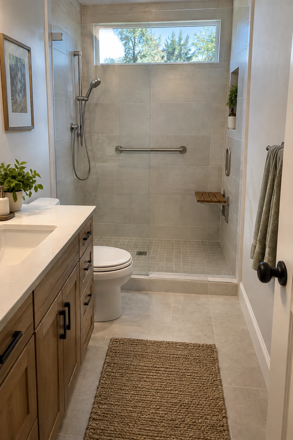 Small shower with a restrained grab bar, handheld shower and fold-down seat