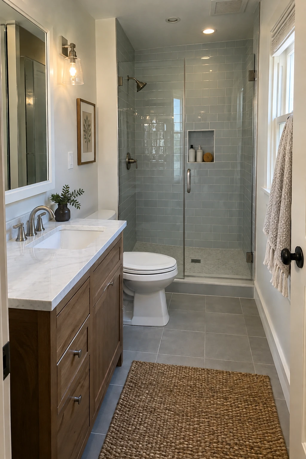 Small bathroom with precisely fitted vanity, medicine cabinet and shower glass