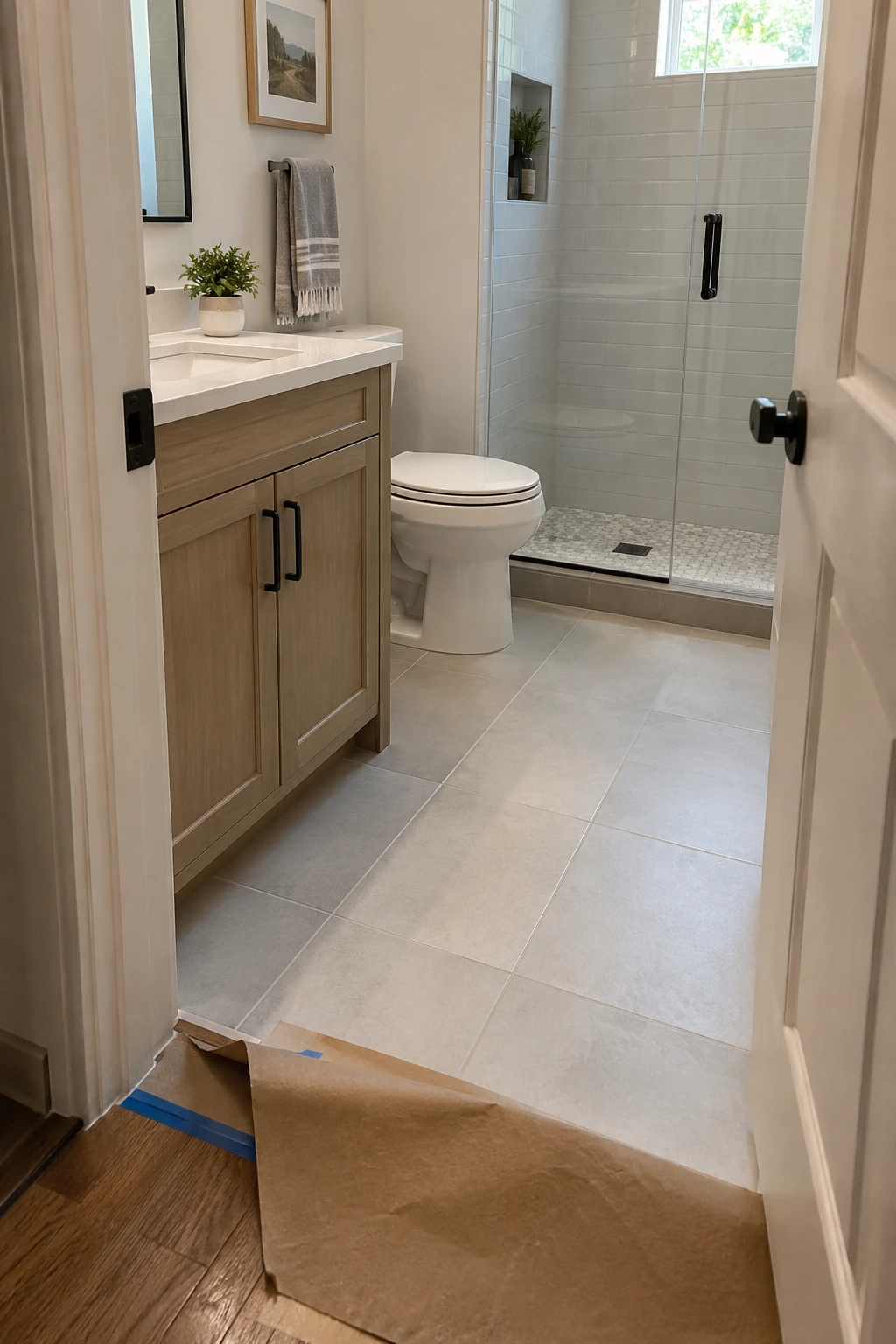 Completed small bathroom with clean tile transitions, aligned fixtures and protected thresholds