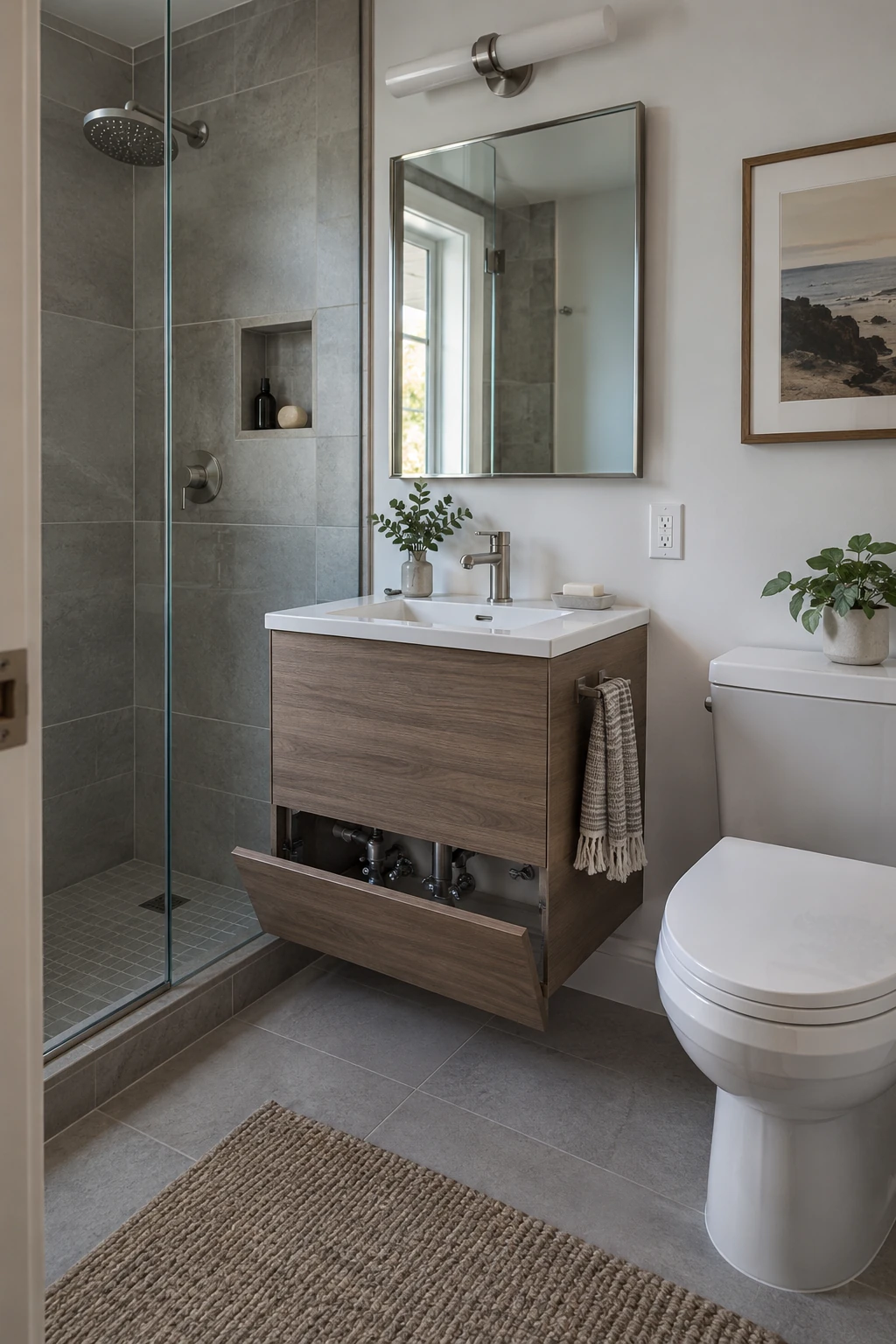 Uncluttered small bathroom with wall-mounted vanity, simple glass and accessible shutoffs