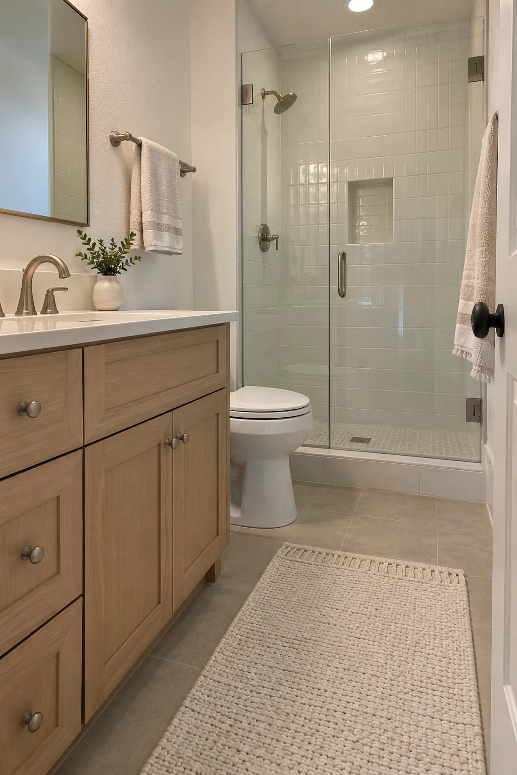 Small bathroom using warm white tile, pale oak and brushed nickel in a cohesive palette