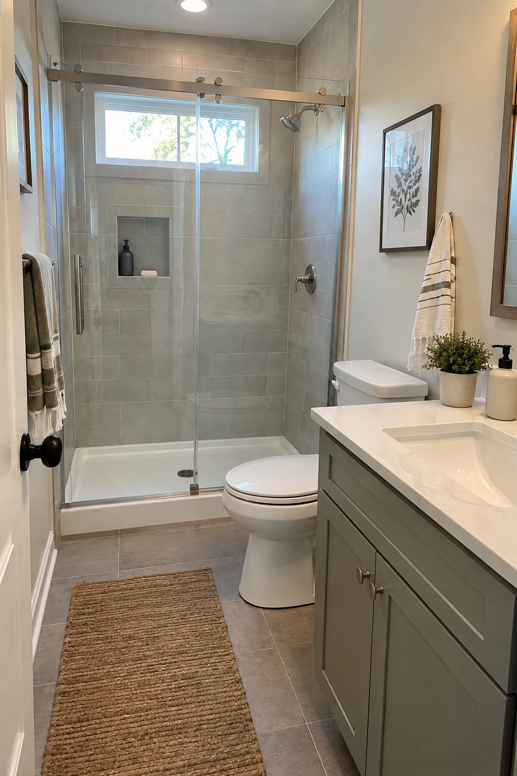 Small bathroom with a frameless sliding shower door that clears the vanity and toilet
