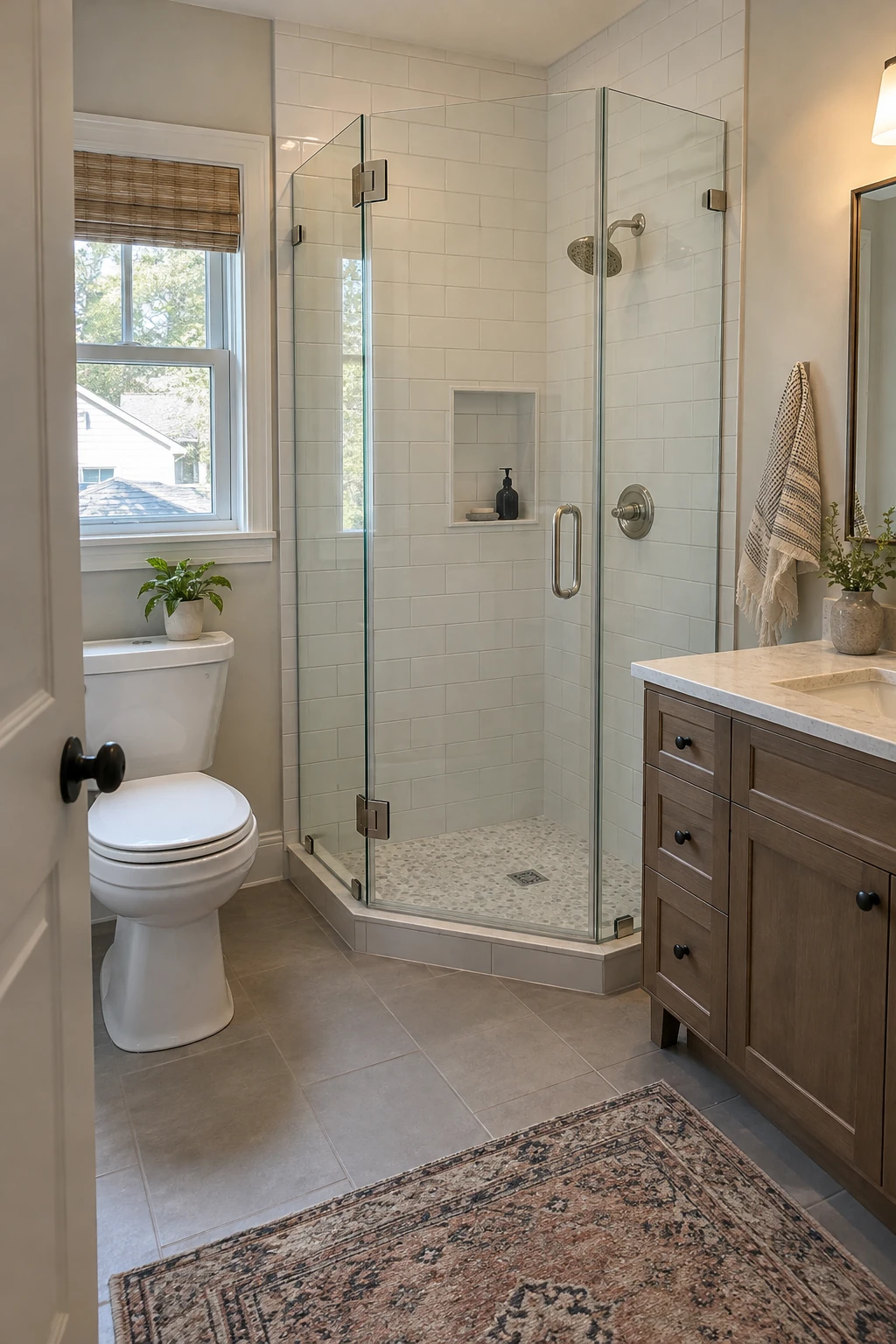 Compact square bathroom with a glass corner shower that leaves the center floor open