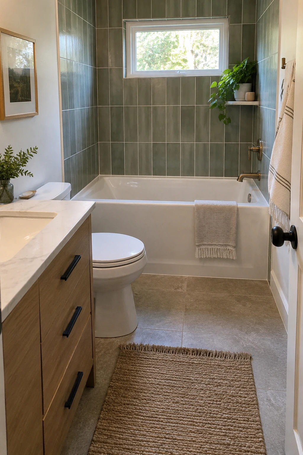 Small bathroom with a compact deep soaking tub fitted across the short wall