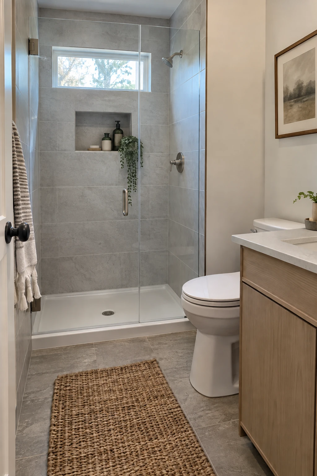 Renovated small shower with a low-profile solid base and tiled walls