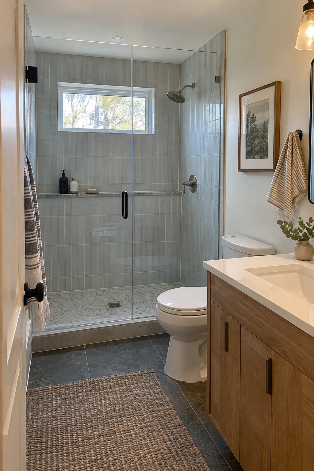 Small shower with a narrow continuous stone ledge beneath the fixtures