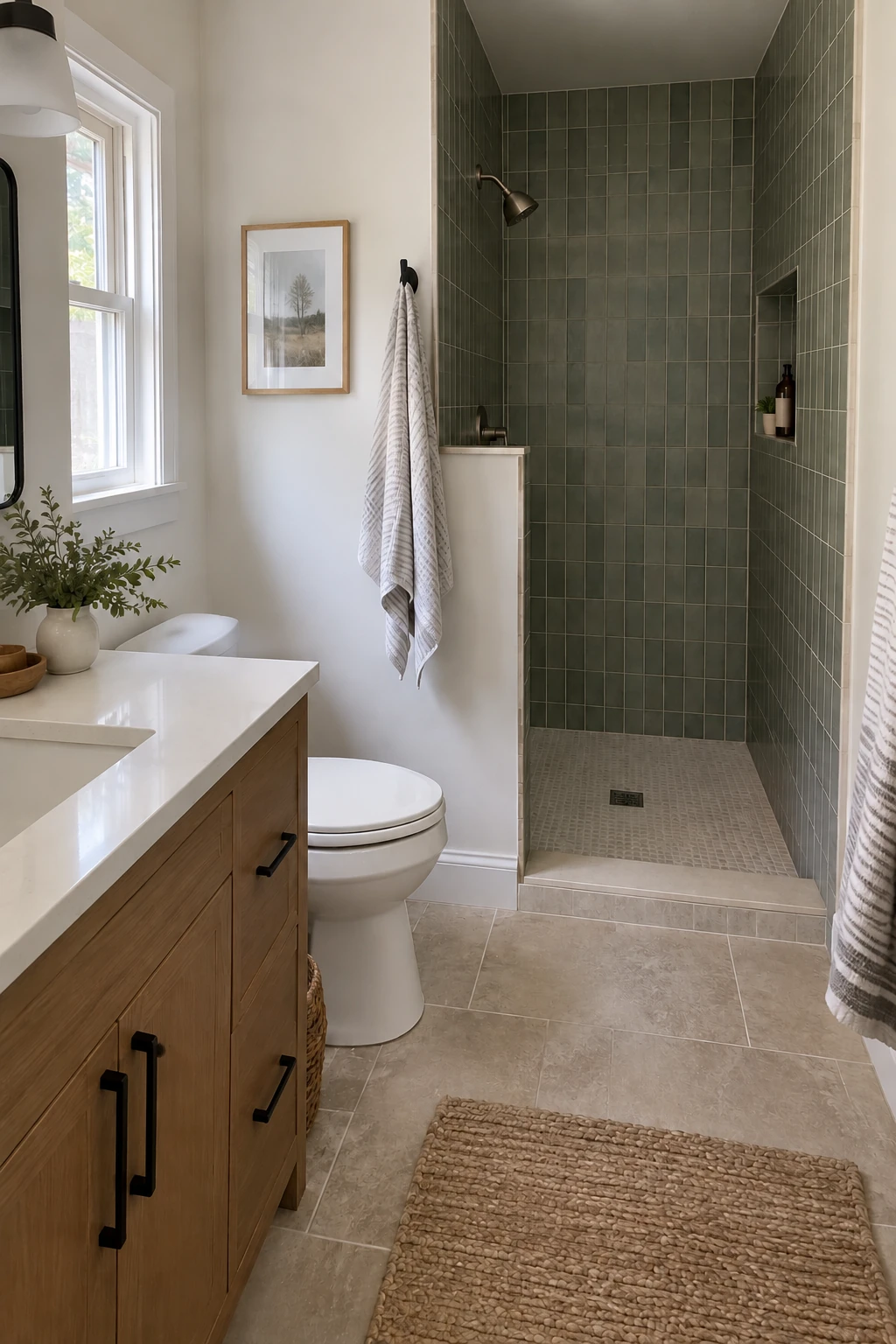 Small shower with wall-mounted shower head aimed toward a tiled back wall away from the entry