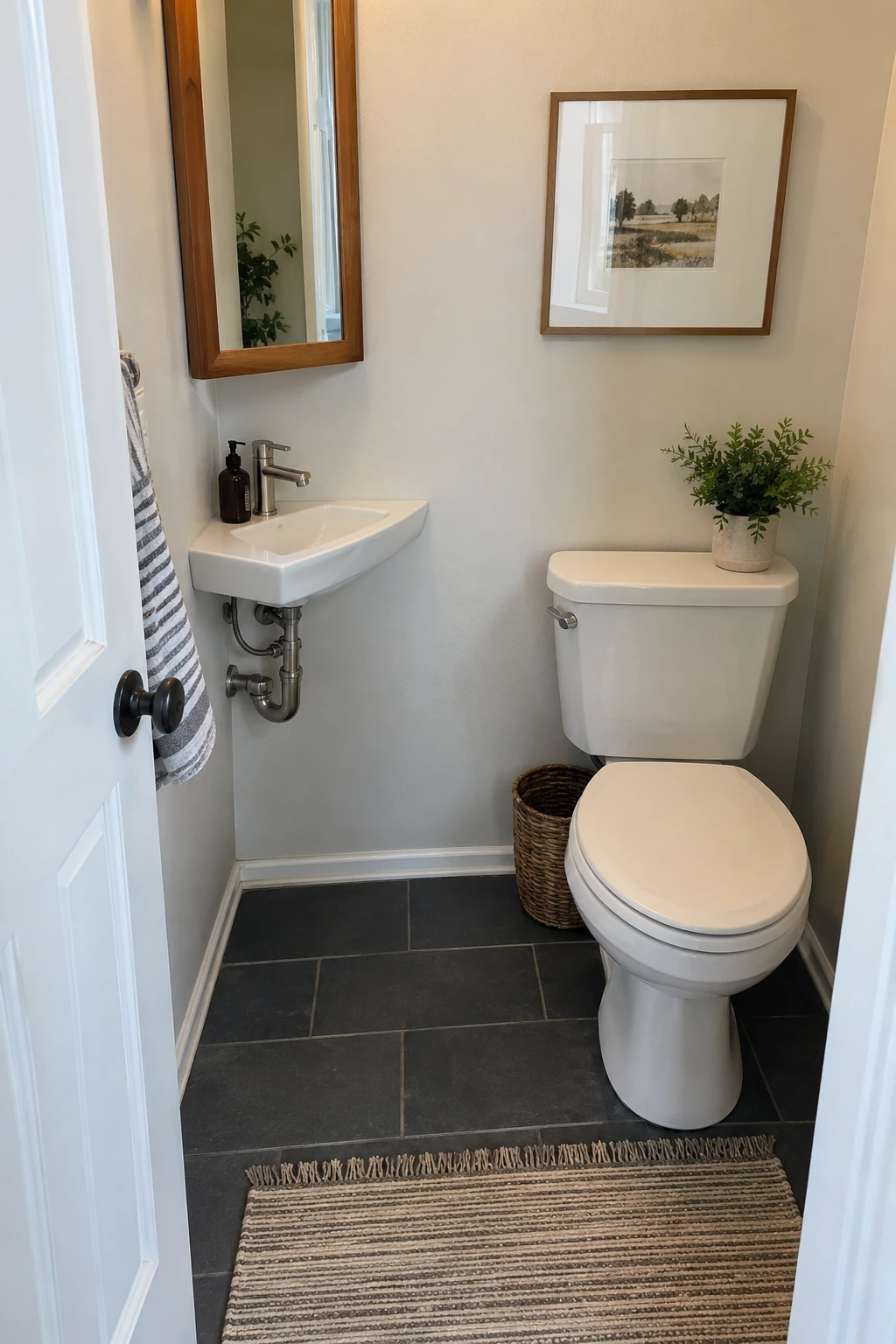 Tiny bathroom with a compact wall-mounted corner sink and open floor beneath