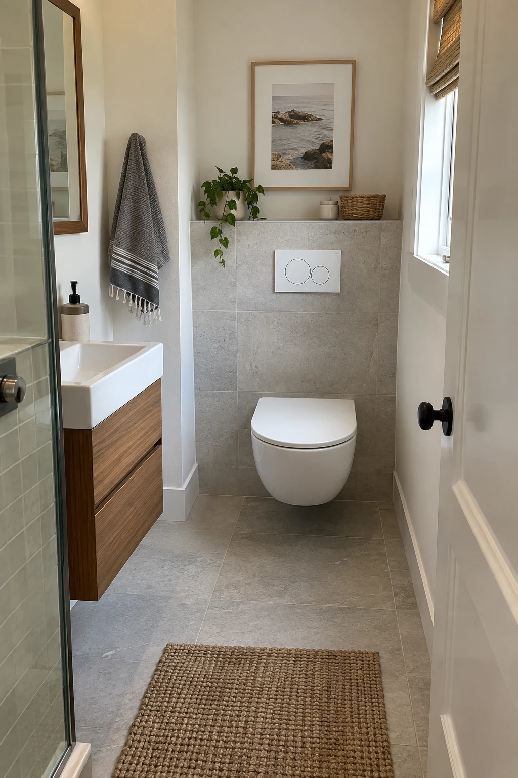 Compact bathroom with a wall-hung toilet and shallow ledge above the concealed carrier