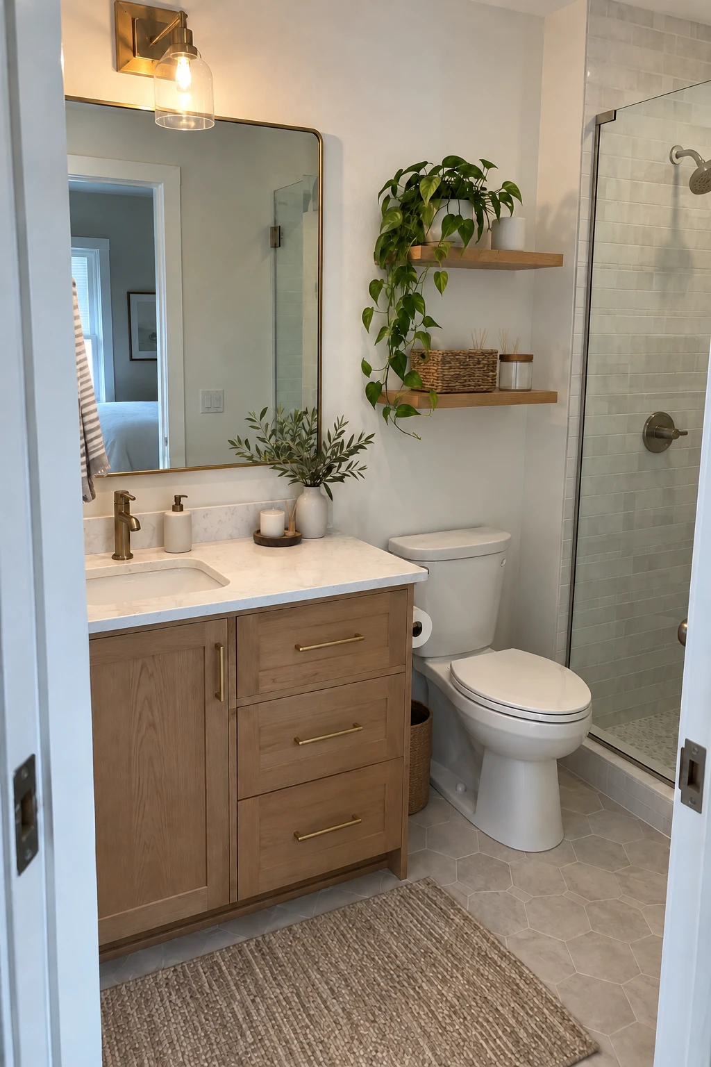Small vanity with an off-center sink and a generous clear landing area on one side
